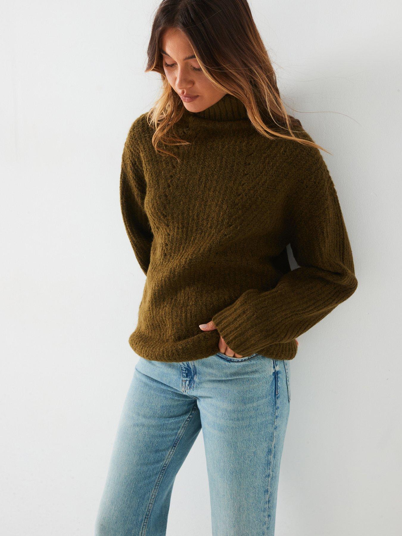 undefined Roll Neck Stitch Detail Longline Jumper - Green