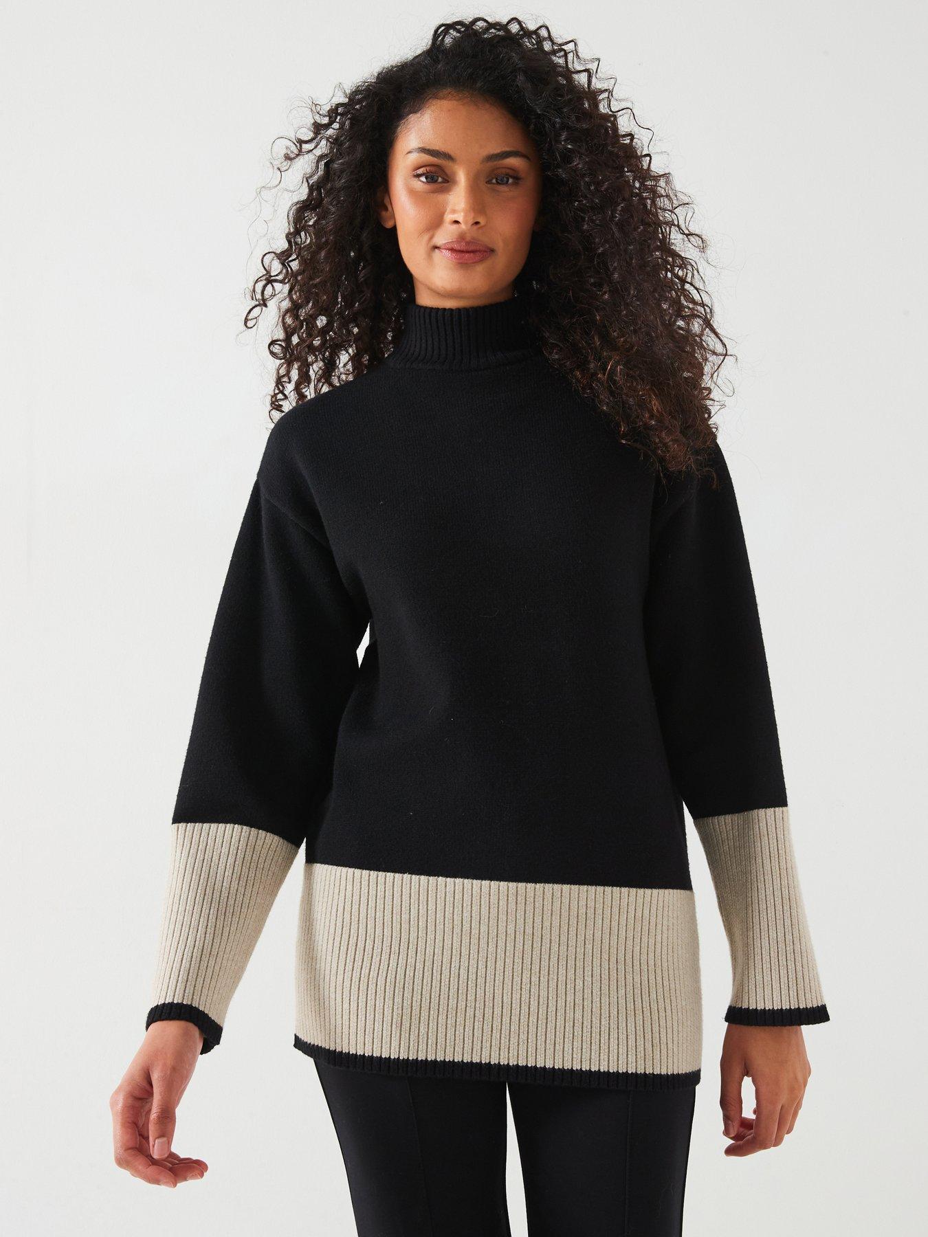 v-by-very-funnel-neck-colour-block-jumper-blackfront