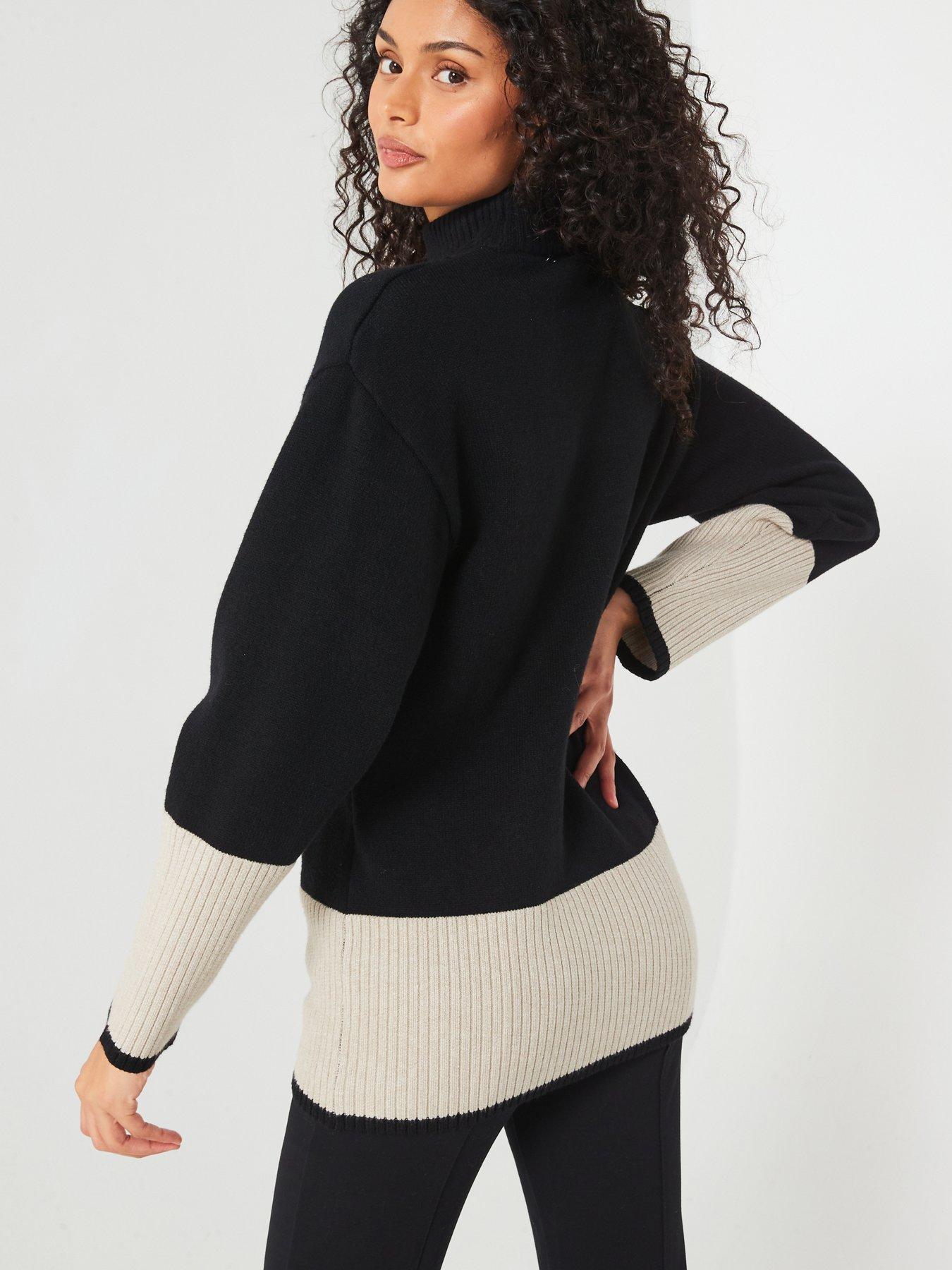 v-by-very-funnel-neck-colour-block-jumper-blackstillFront