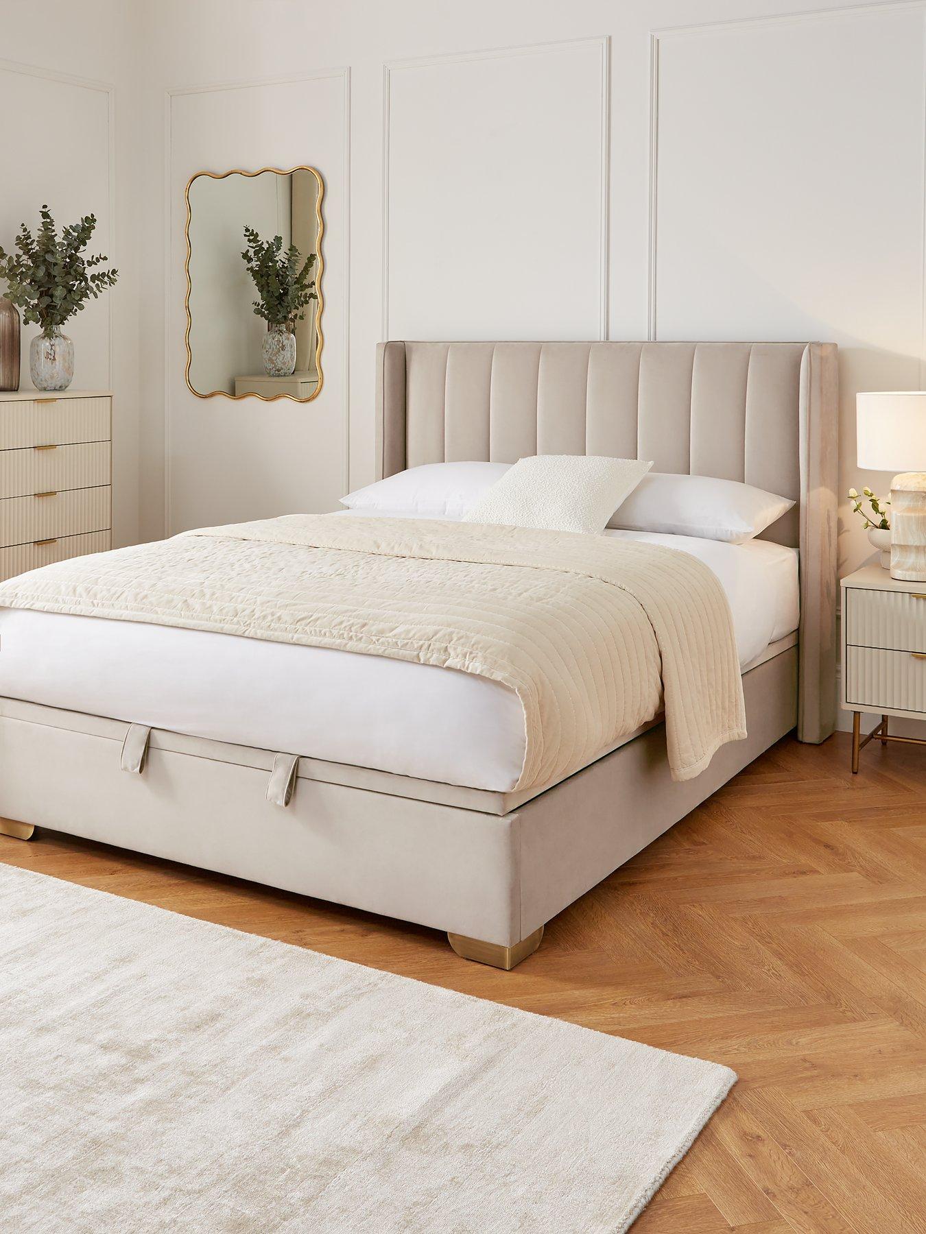 The Very Collection New Dakota Velvet End Lift Up Storage Ottoman Bed with Mattress Options (Buy  &  SAVE!) - Grey, Cream