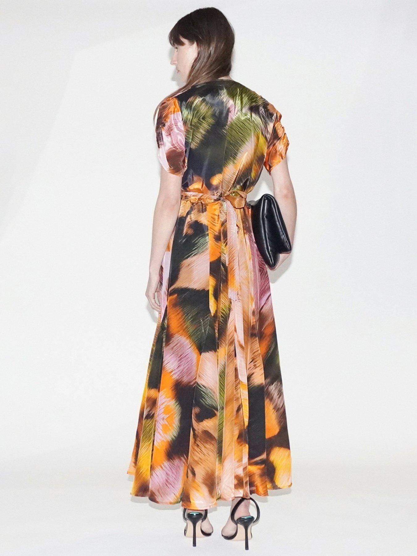 religion-solstice-full-skirt-abstract-wrap-dress-orangestillFront