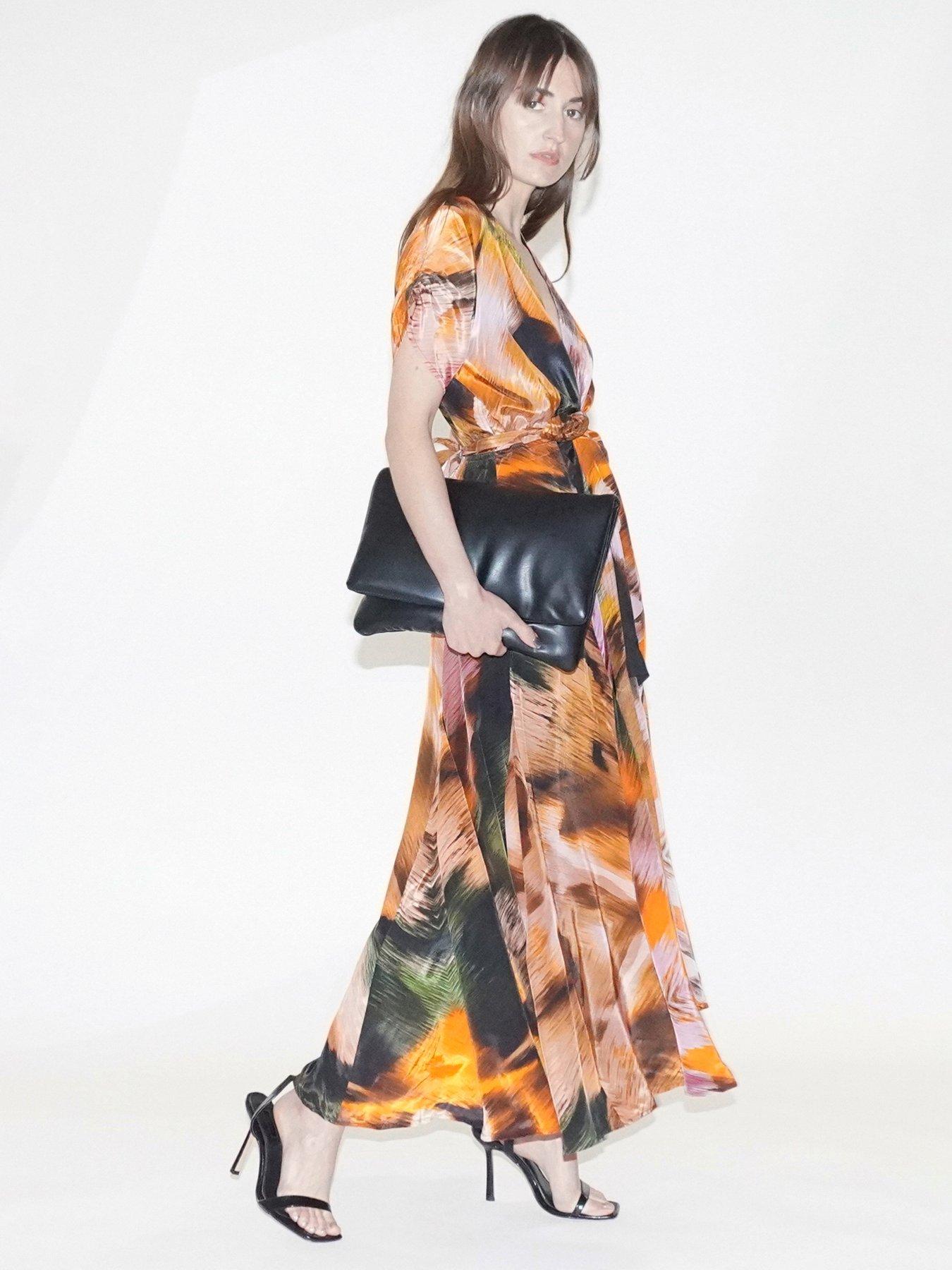 Image 3 of 6 of Religion Solstice Full Skirt Abstract Wrap Dress - Orange