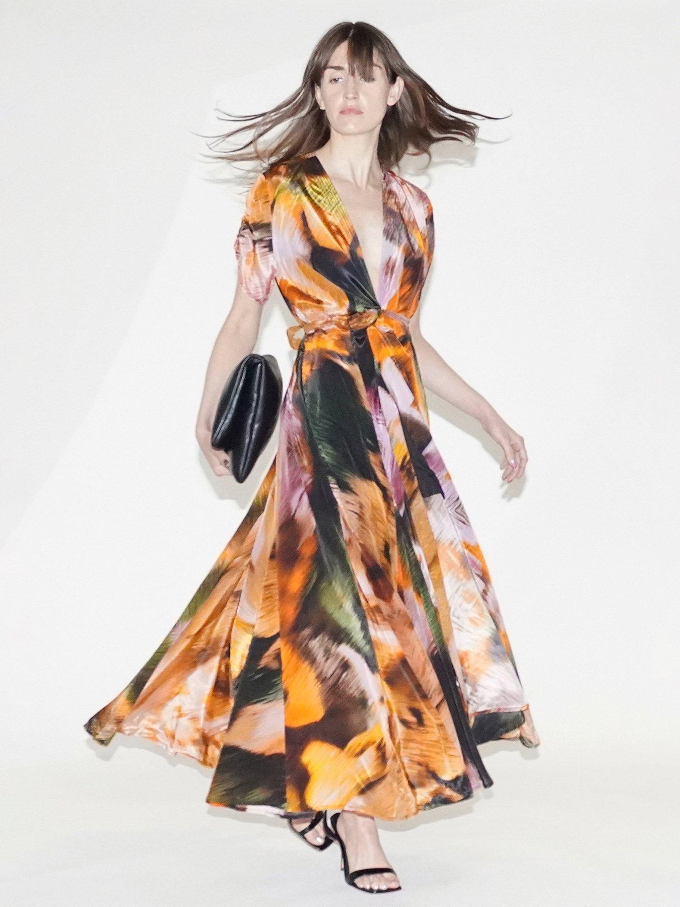 Image 4 of 6 of Religion Solstice Full Skirt Abstract Wrap Dress - Orange