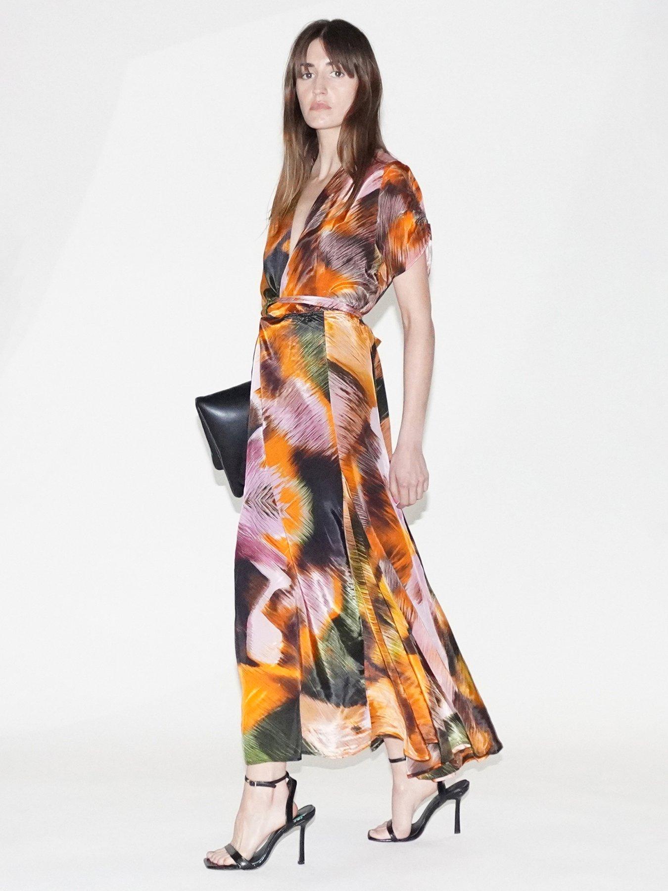Image 5 of 6 of Religion Solstice Full Skirt Abstract Wrap Dress - Orange