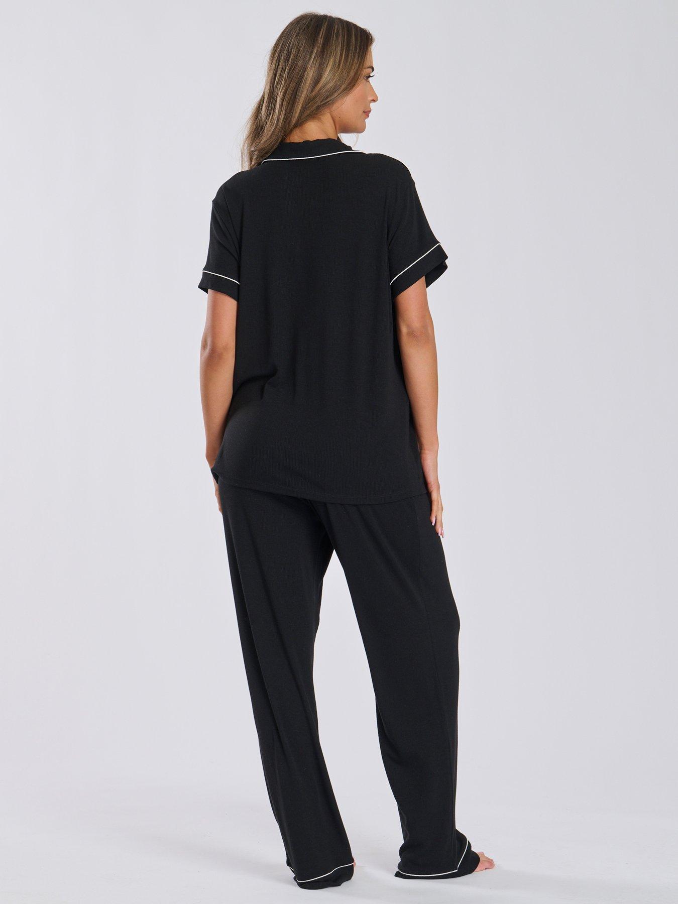 loungeable-loungeable-short-sleeve-traditional-top-and-long-pant-blackstillFront