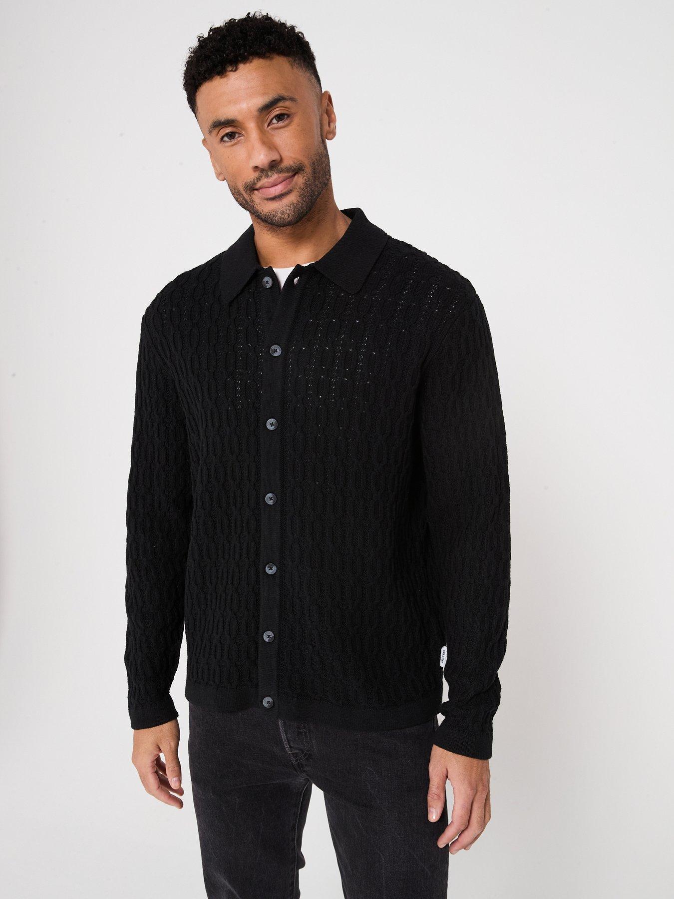 only-sons-long-sleeve-cable-texture-knitted-polo-shirt-blackfront