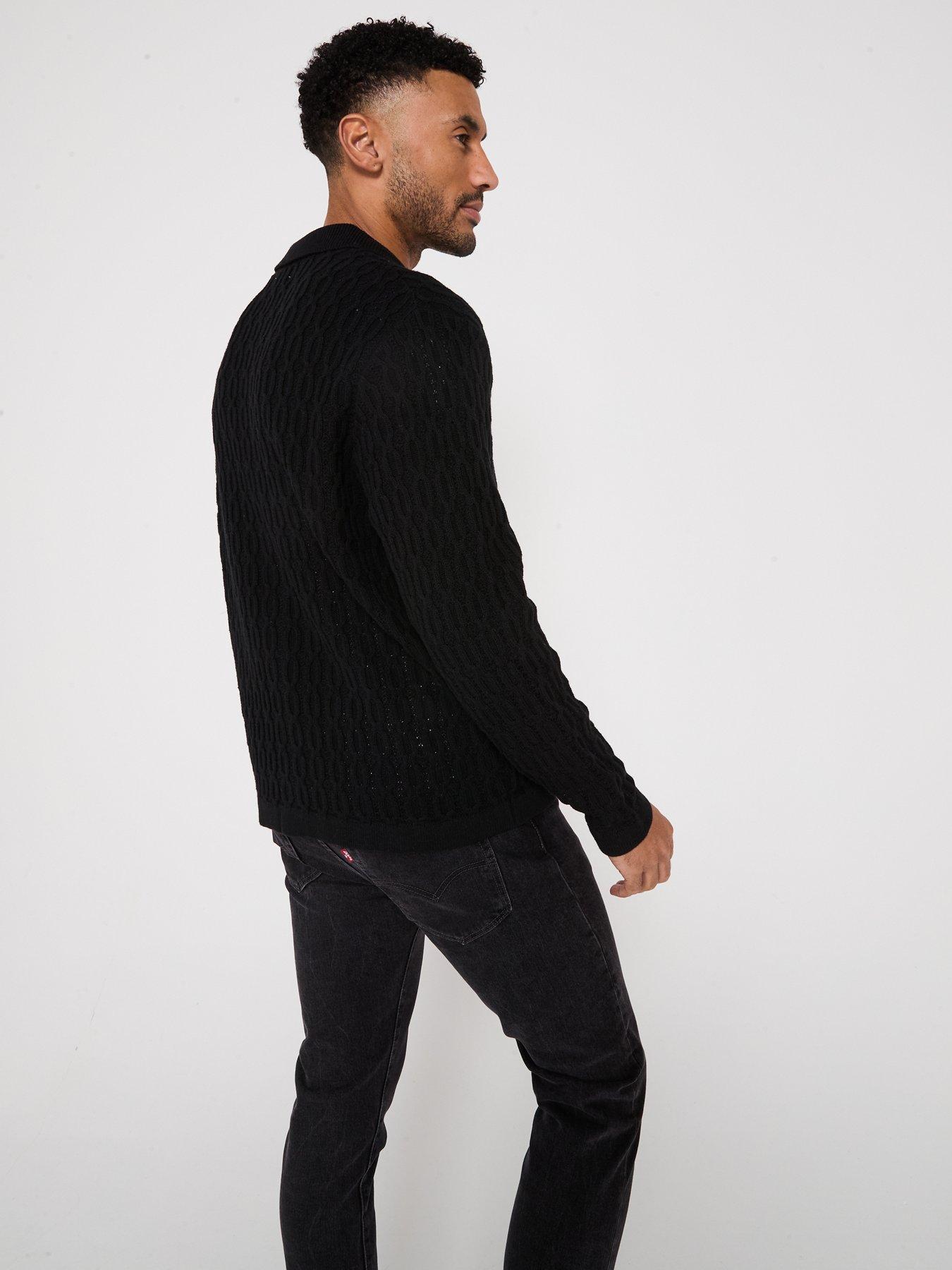 only-sons-long-sleeve-cable-texture-knitted-polo-shirt-blackstillFront