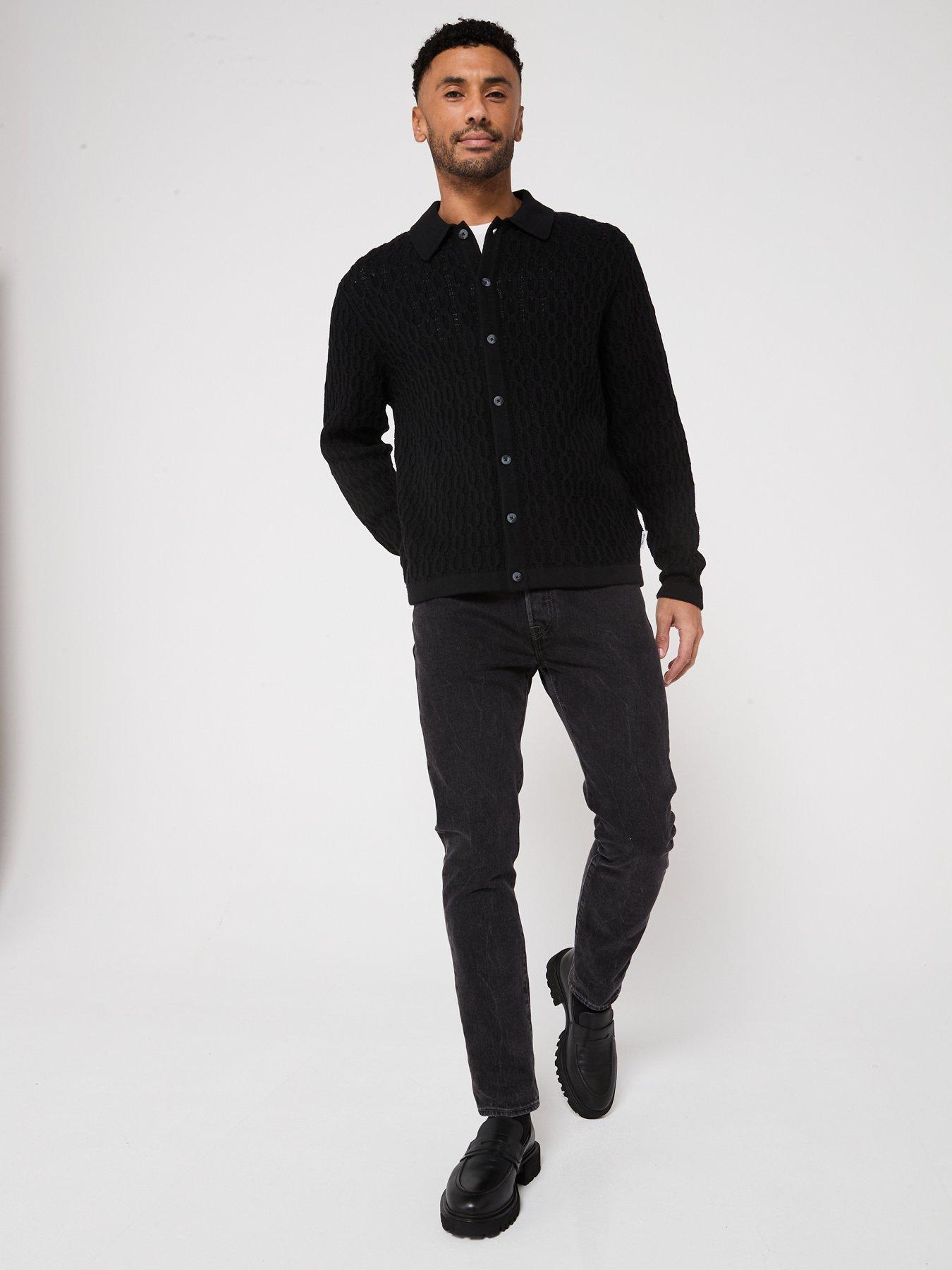 only-sons-long-sleeve-cable-texture-knitted-polo-shirt-blackback