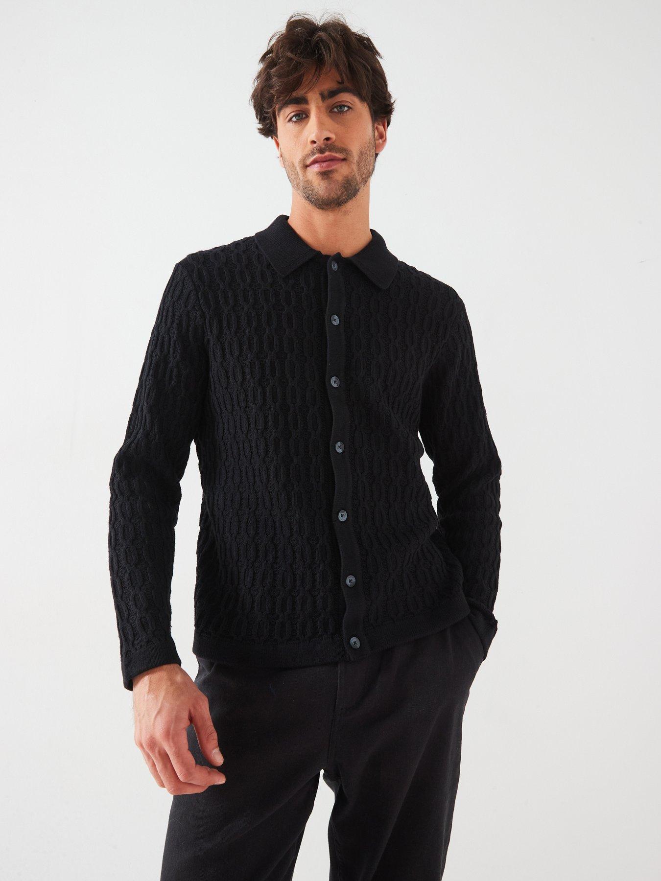 only-sons-long-sleeve-cable-texture-knitted-polo-shirt-black