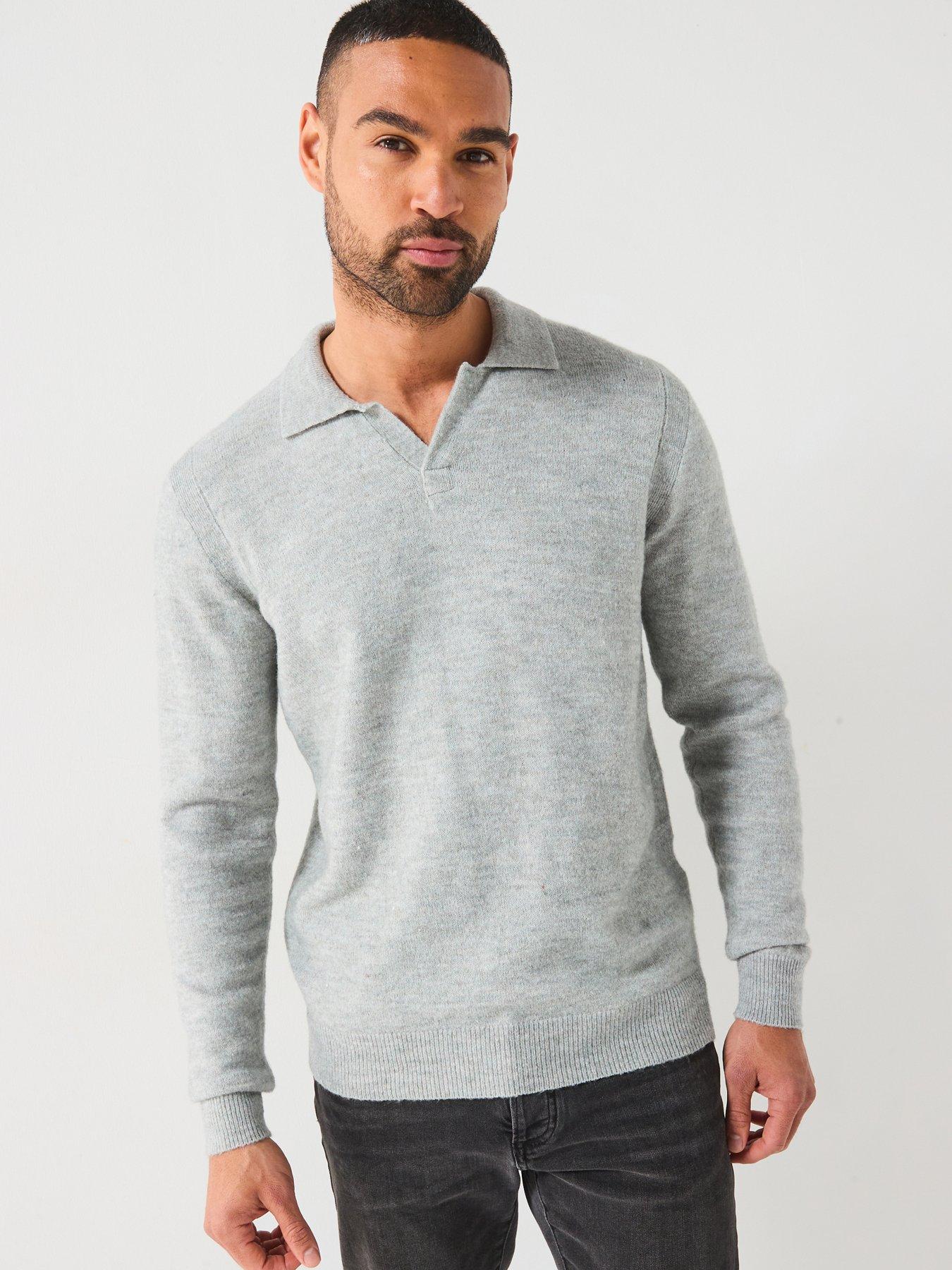 only-sons-long-sleeve-open-collar-knitted-polo-shirt-grey