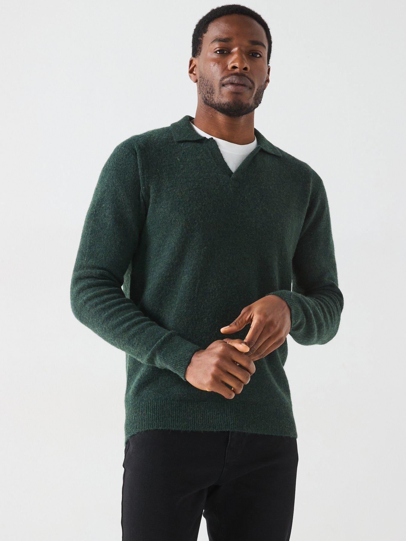 only-sons-long-sleeve-open-collar-knitted-polo-shirt-dark-green