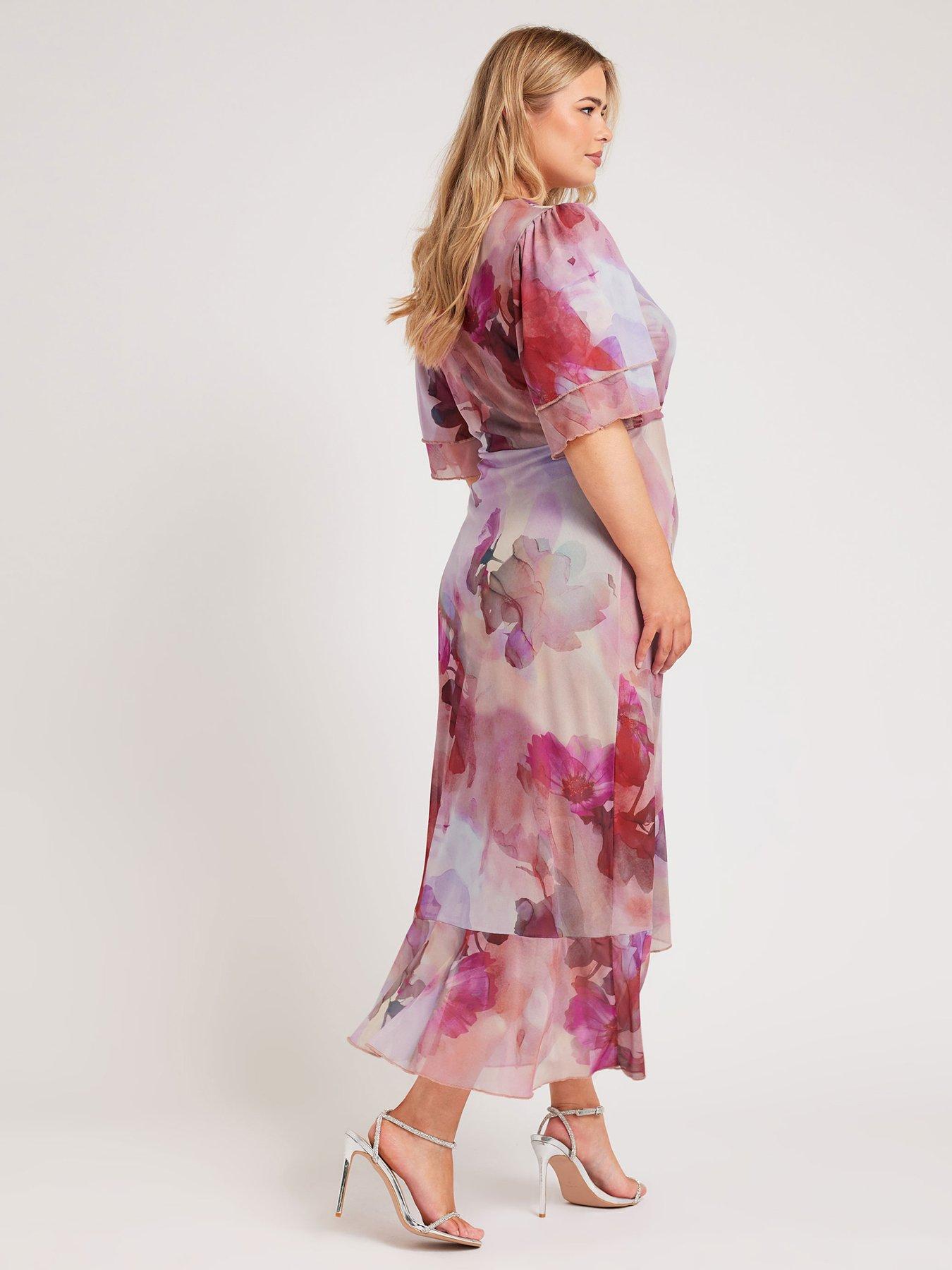 yours-curve-abstract-floral-ruffle-wrap-mesh-dress-pinkstillFront