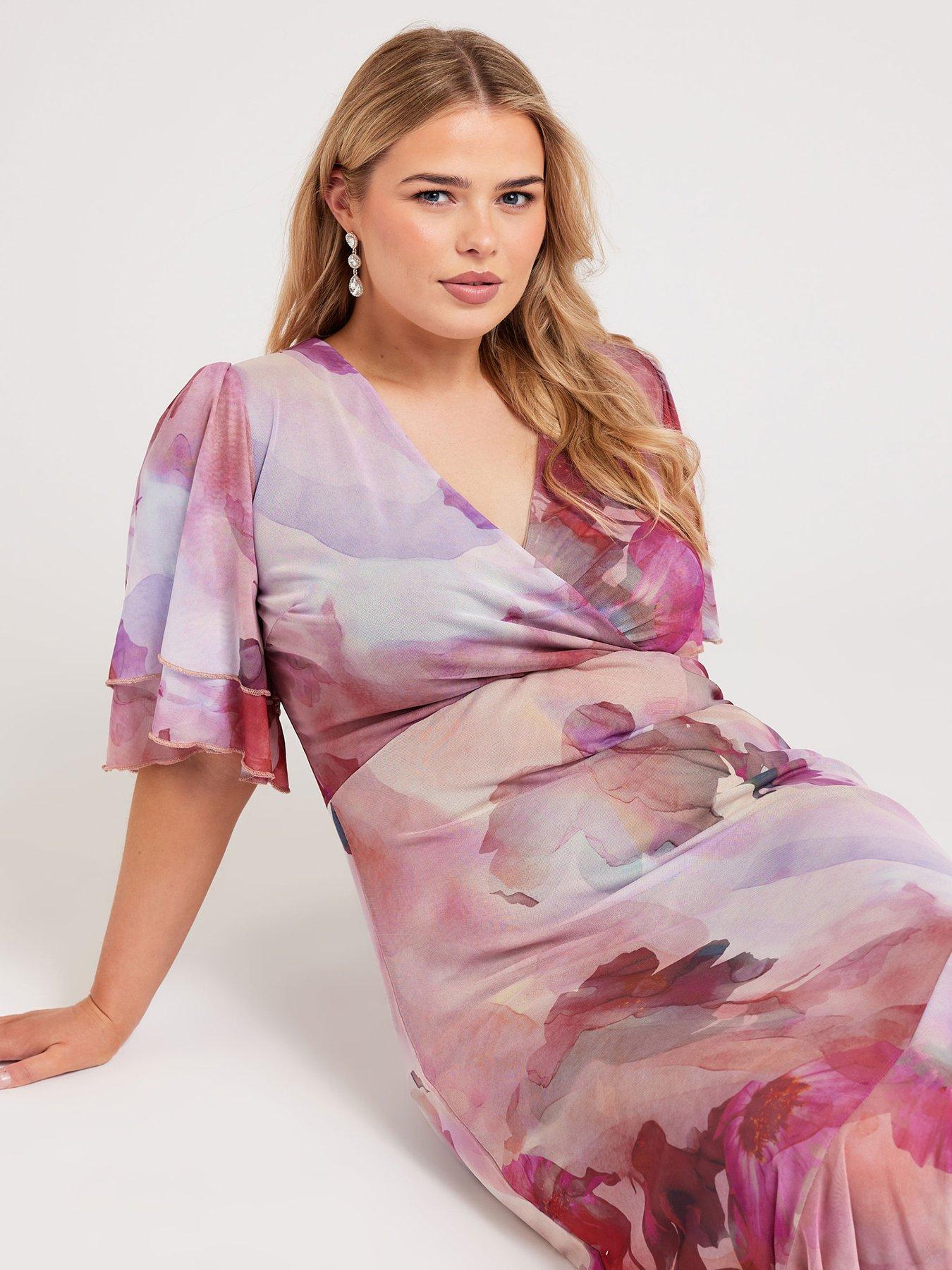 yours-curve-abstract-floral-ruffle-wrap-mesh-dress-pinkback