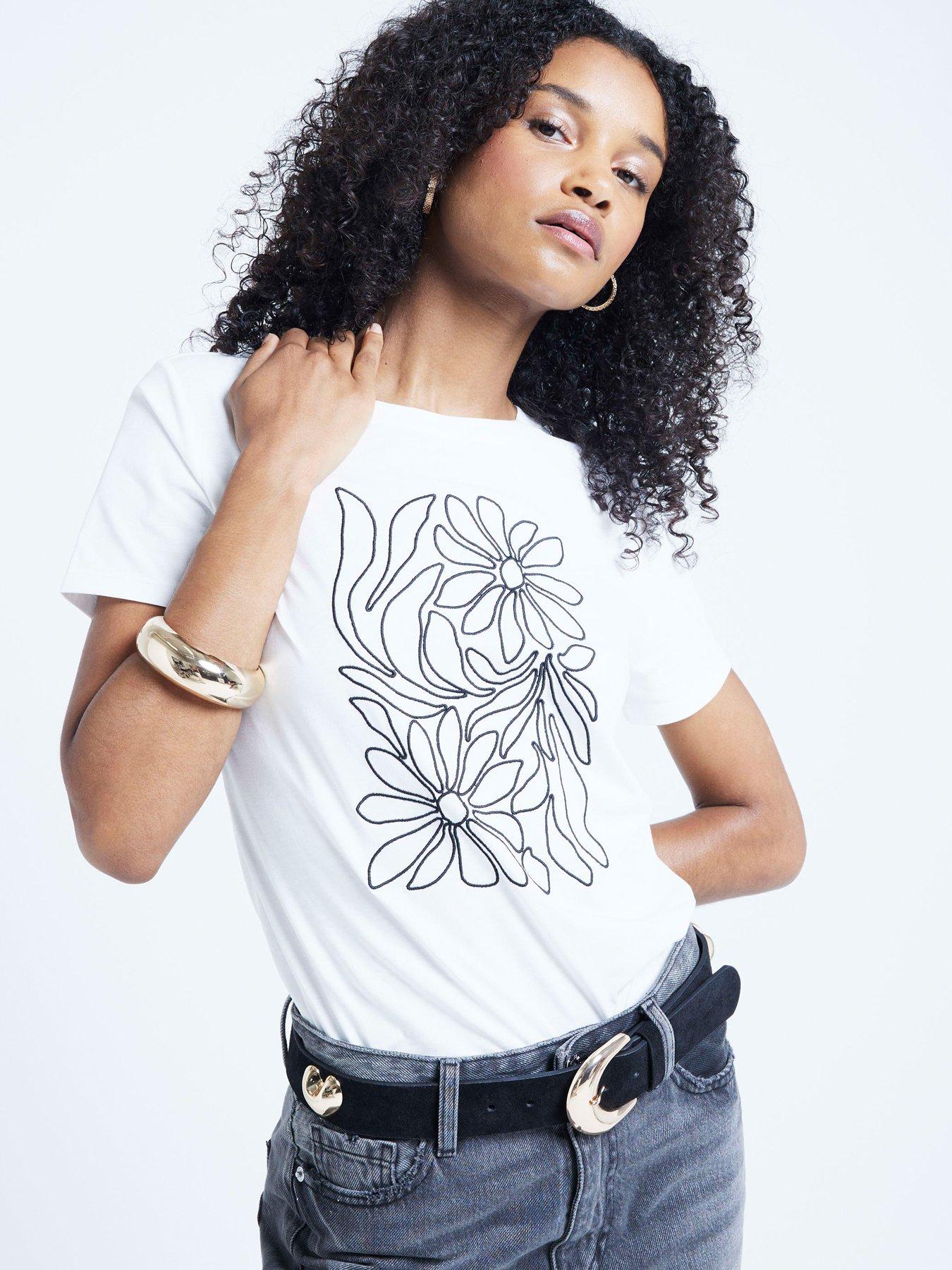 Image 1 of 4 of River Island Floral Embroidery T-shirt - Cream