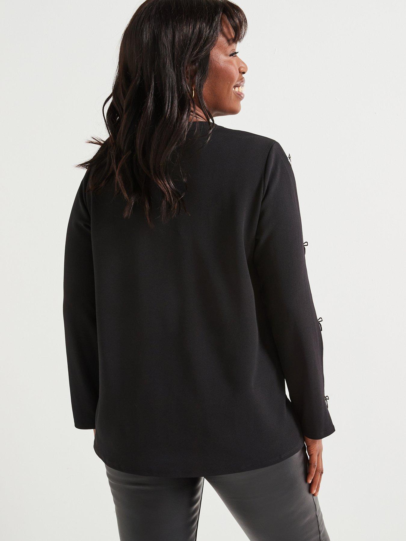 v-by-very-curve-diamante-bow-split-sleeve-top-blackstillFront