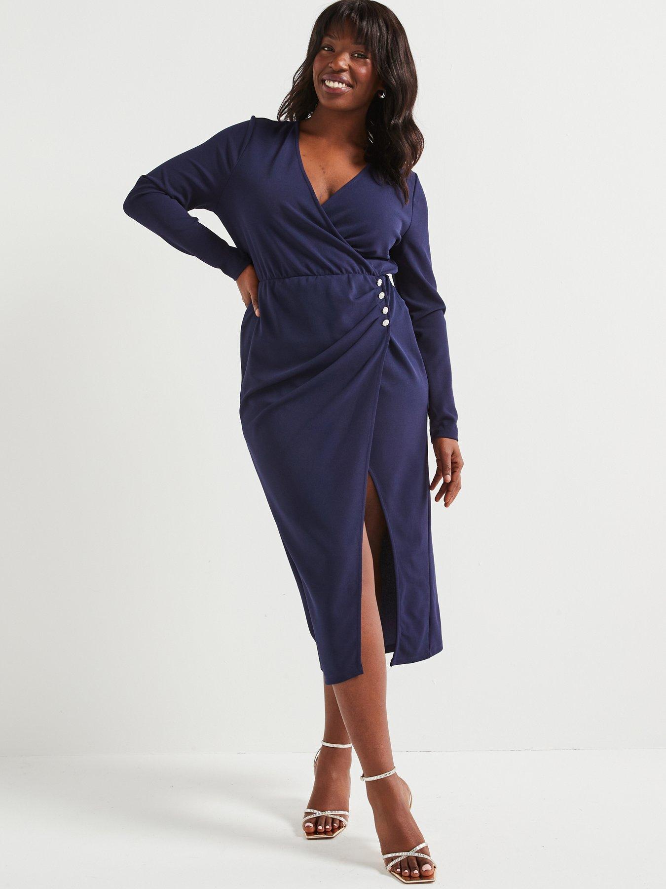 Image of V by Very Curve Shaping Button Detail Wrap Dress - Blue