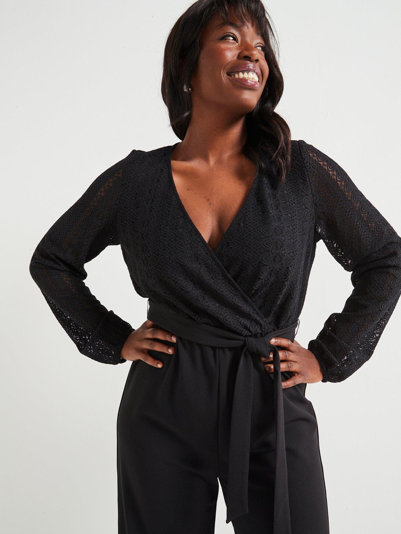 Image 4 of 4 of V by Very Curve Lace Wrap Stretch Jumpsuit - Black