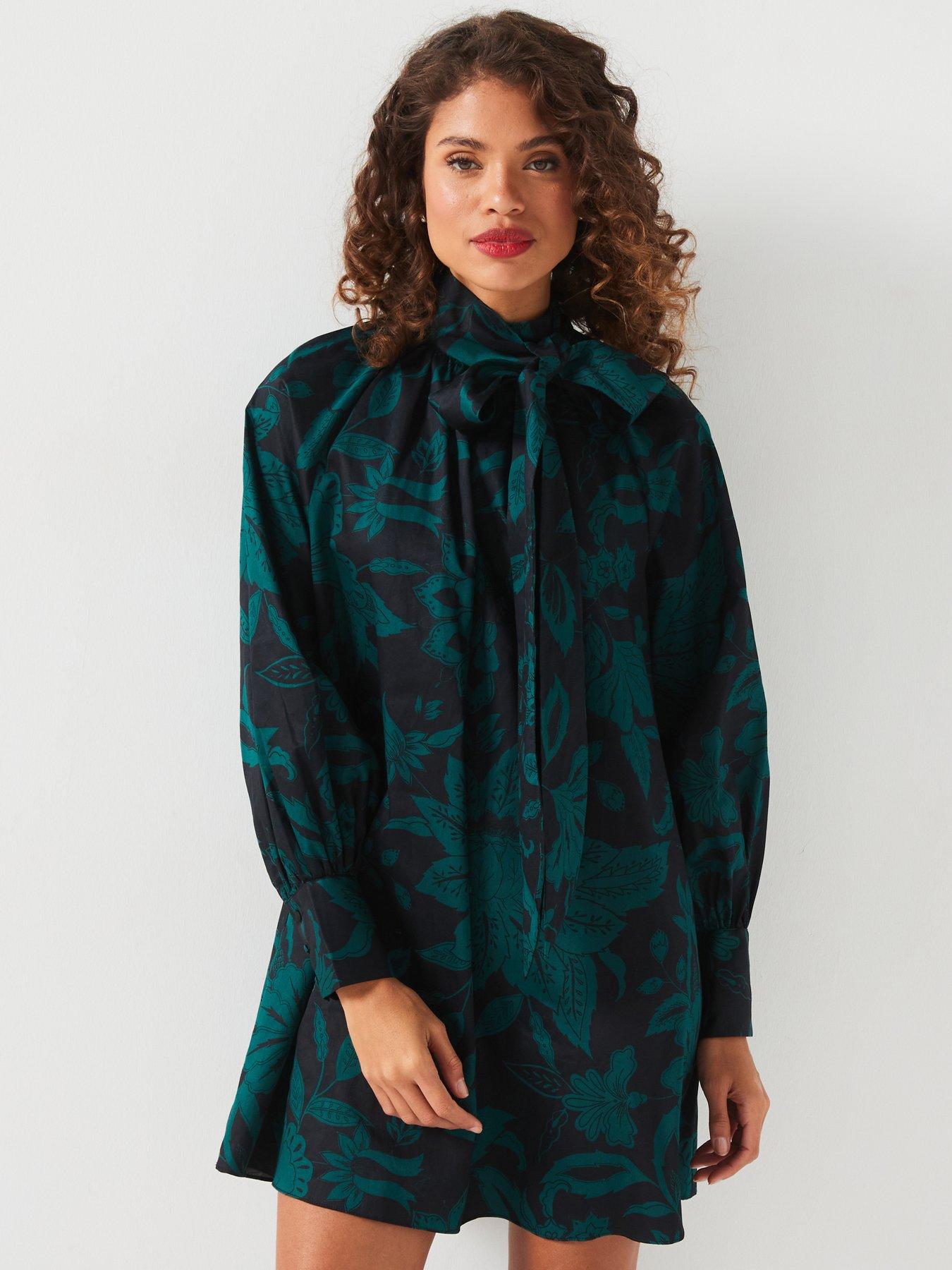 v-by-very-pussybow-printed-smock-dress-green-print