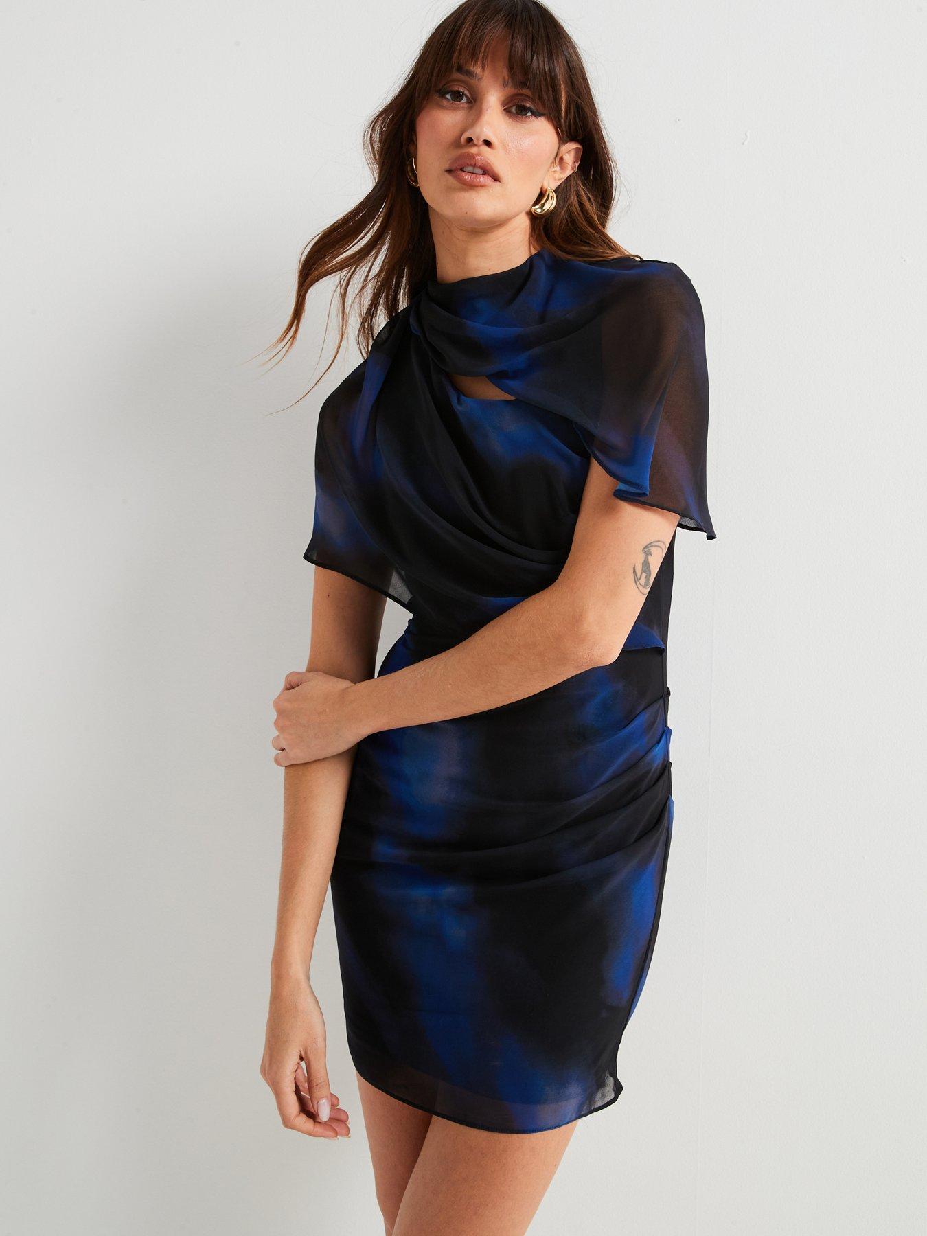 Image of V by Very Ruched Drape Mini Dress Print - Blue Print