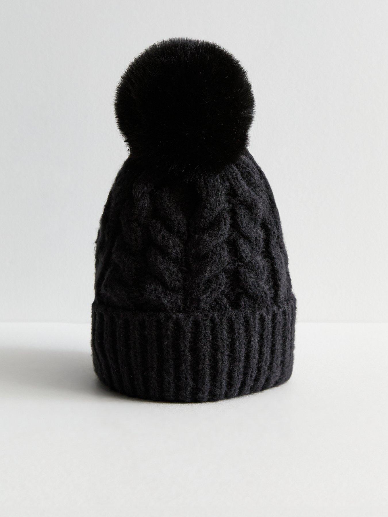 new-look-black-faux-fur-pom-pom-bobble-hat