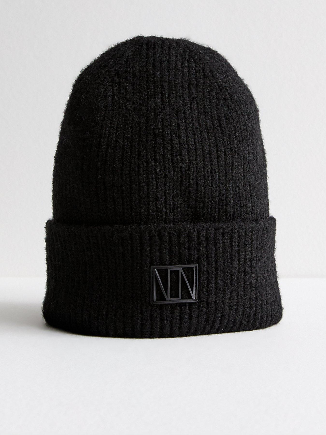 new-look-black-logo-tab-rib-knit-beanie-hat