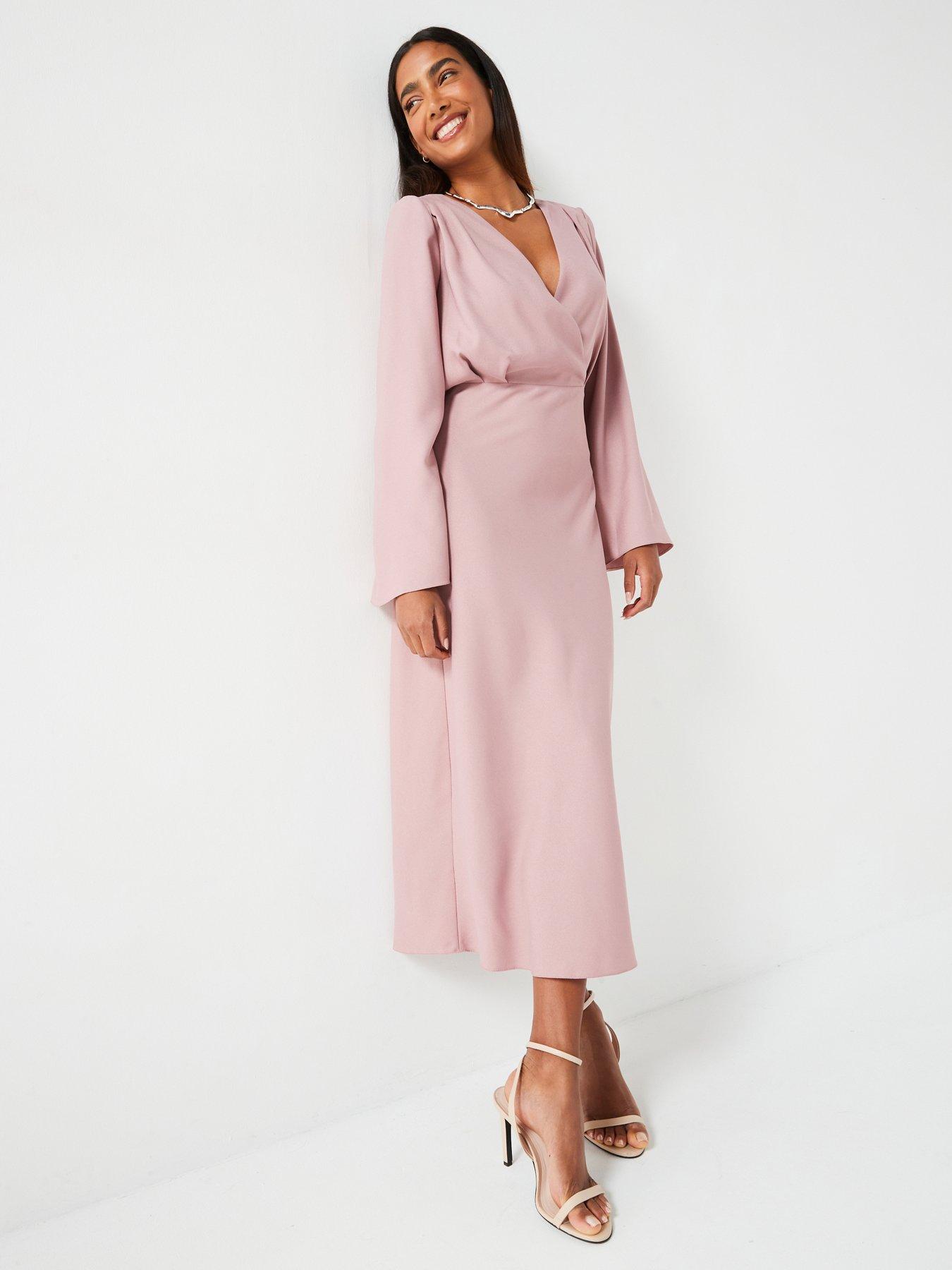 v-by-very-fluted-sleeve-column-midi-dress-pink