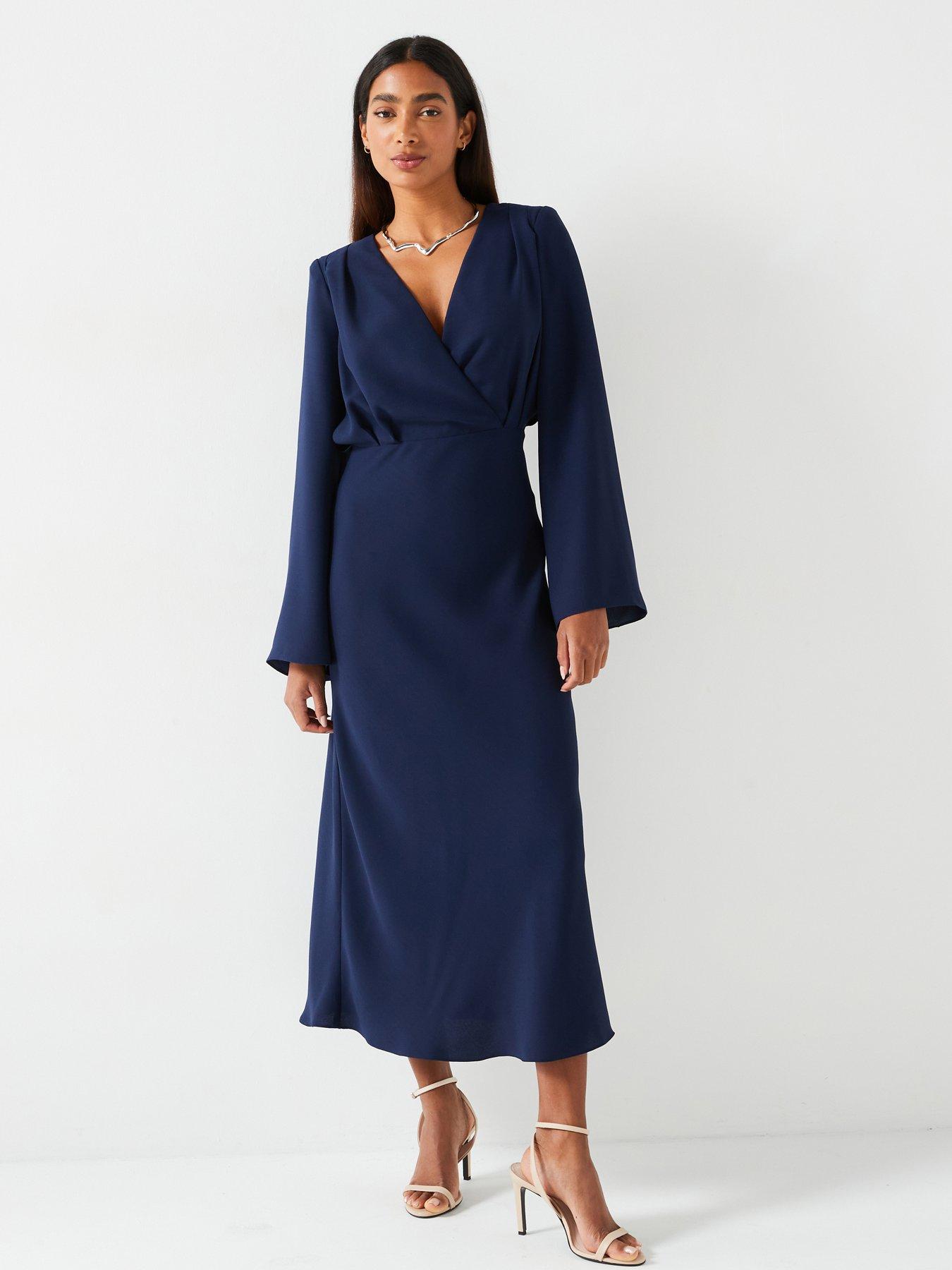 v-by-very-fluted-sleeve-column-midi-dress-navy