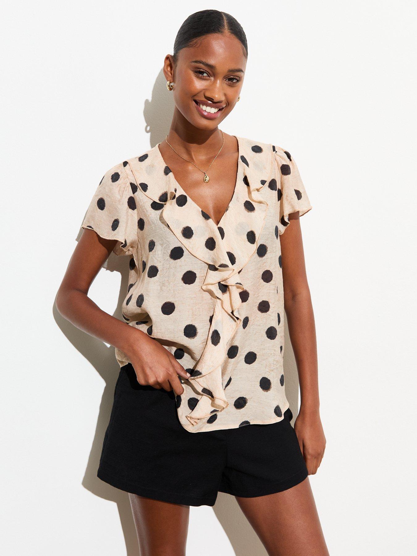 new-look-off-white-spot-print-ruffle-front-blouse