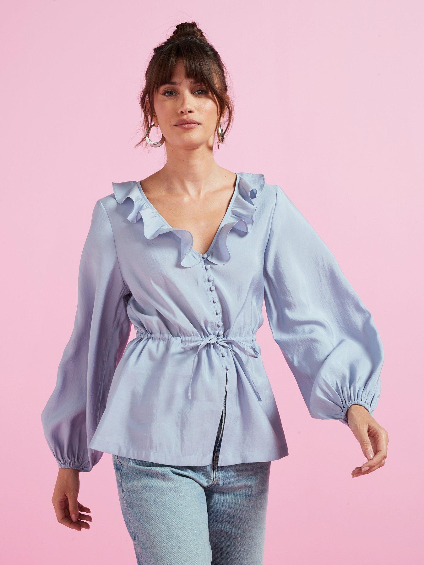 Image of V by Very Tie Waist Ruffle Neck Blouse - Blue