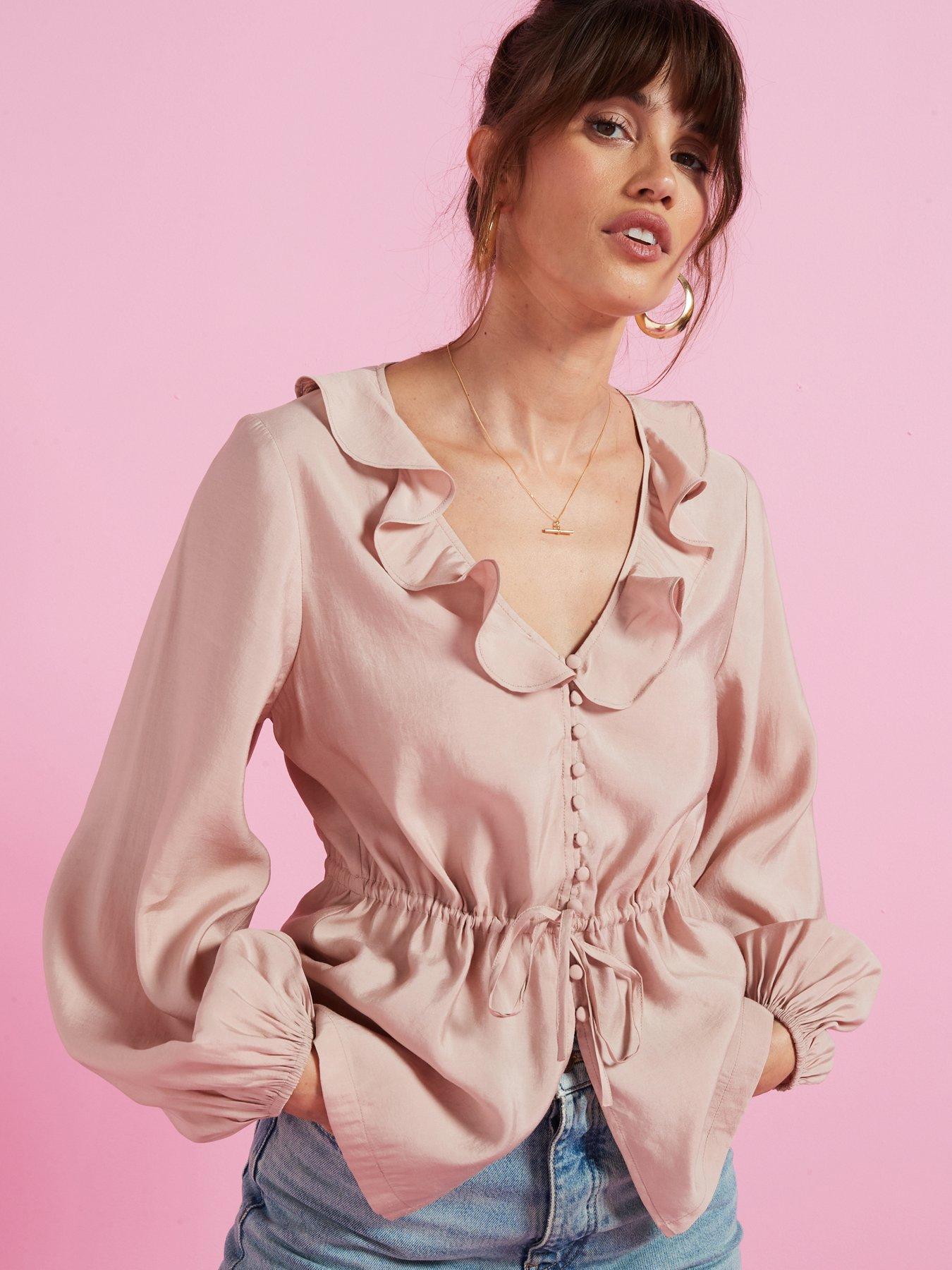 v-by-very-tie-waist-ruffle-neck-blouse-pink