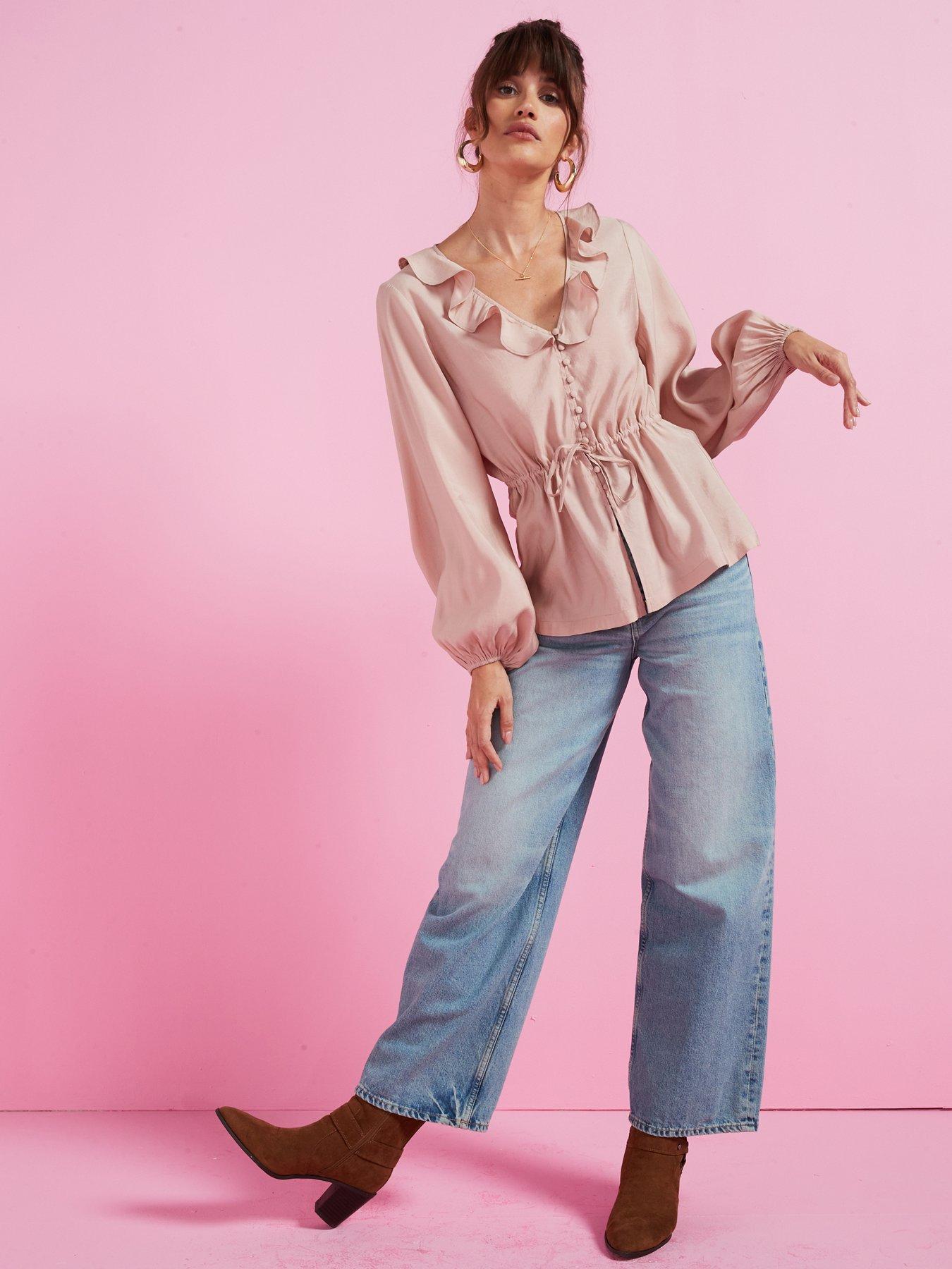 v-by-very-tie-waist-ruffle-neck-blouse-pinkback