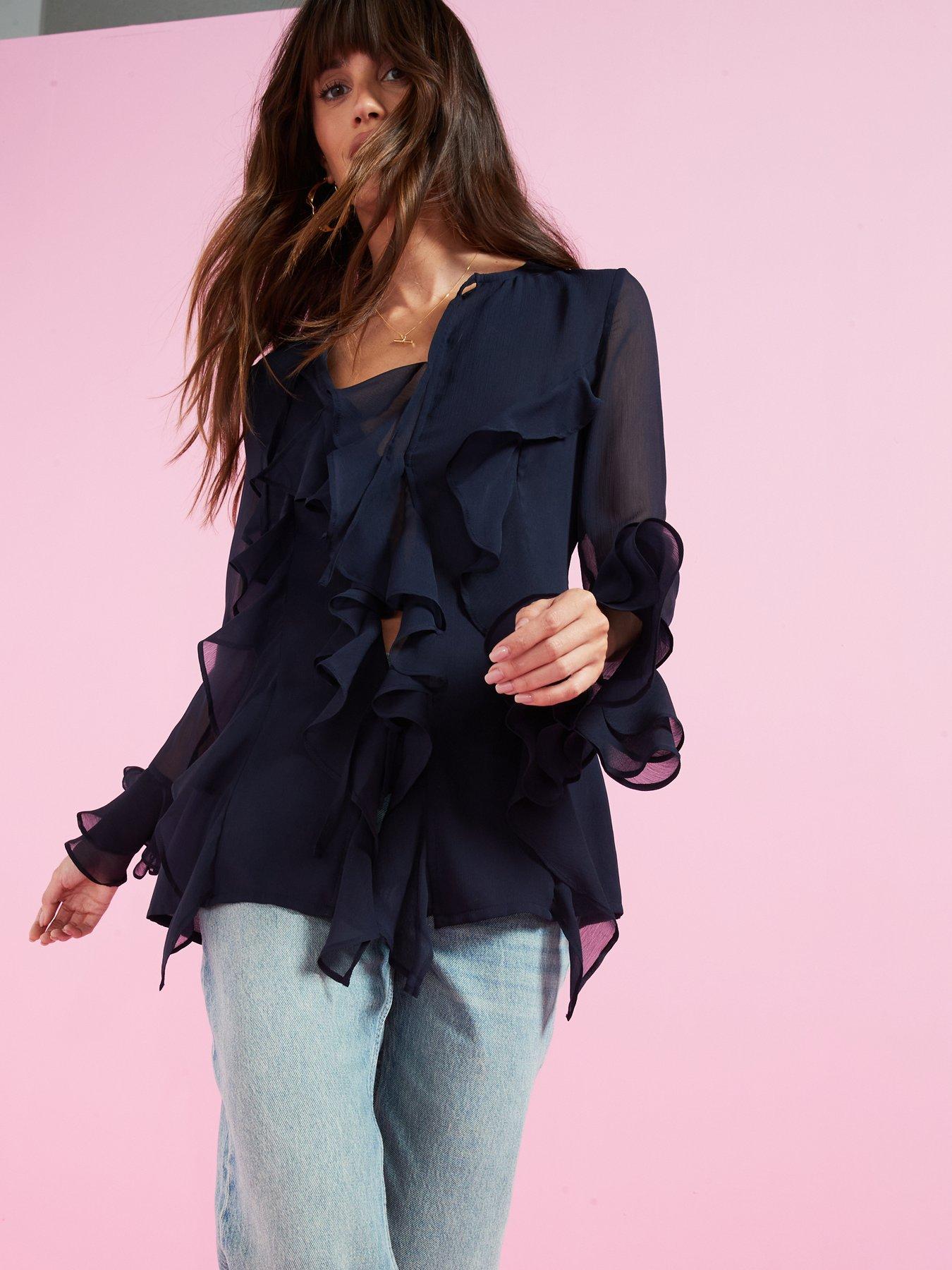 v-by-very-fluted-sleevenbsplongline-blouse-navyoutfit