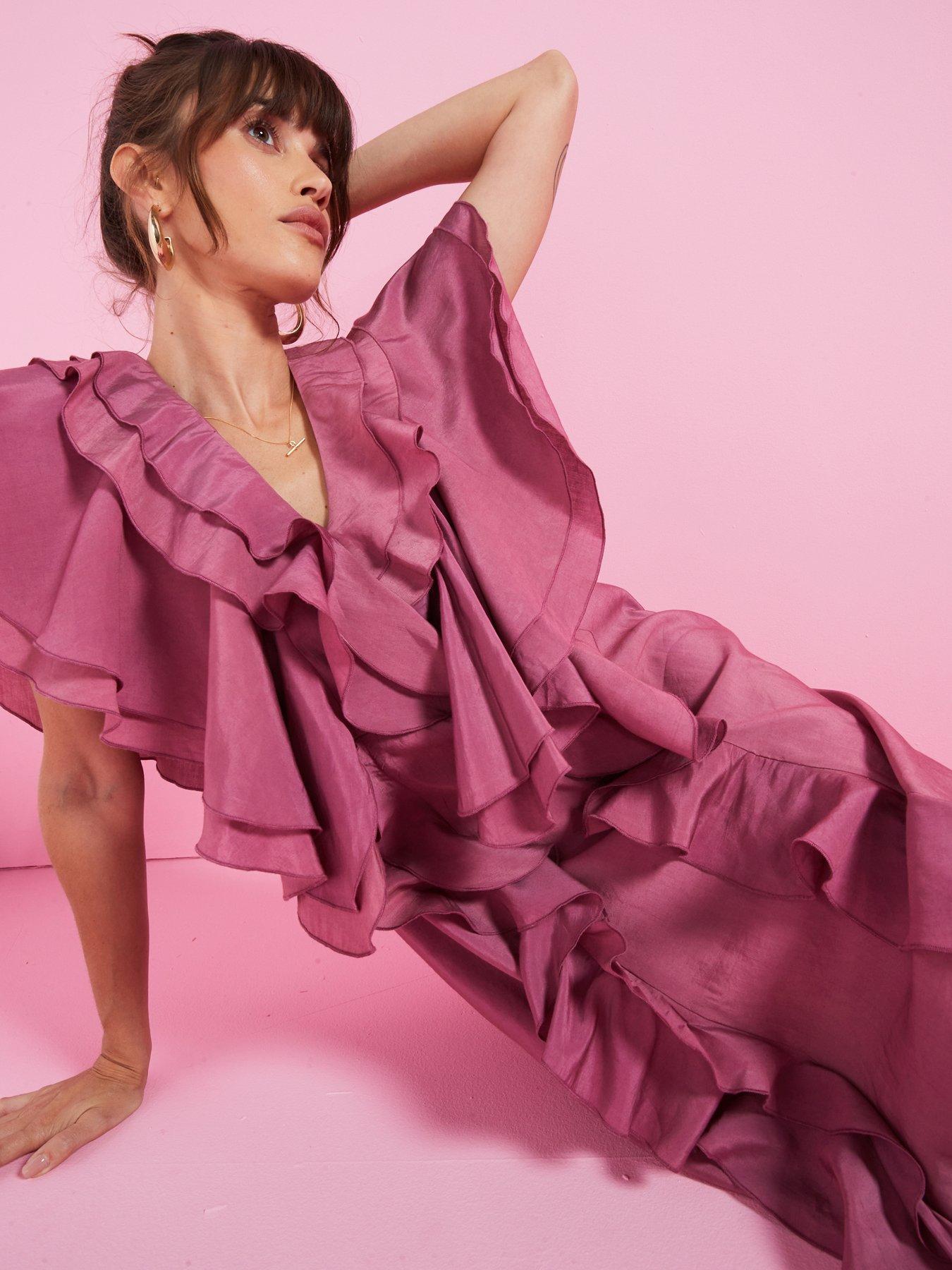 undefined Soft Ruffle V Neck Midaxi Dress - Pink