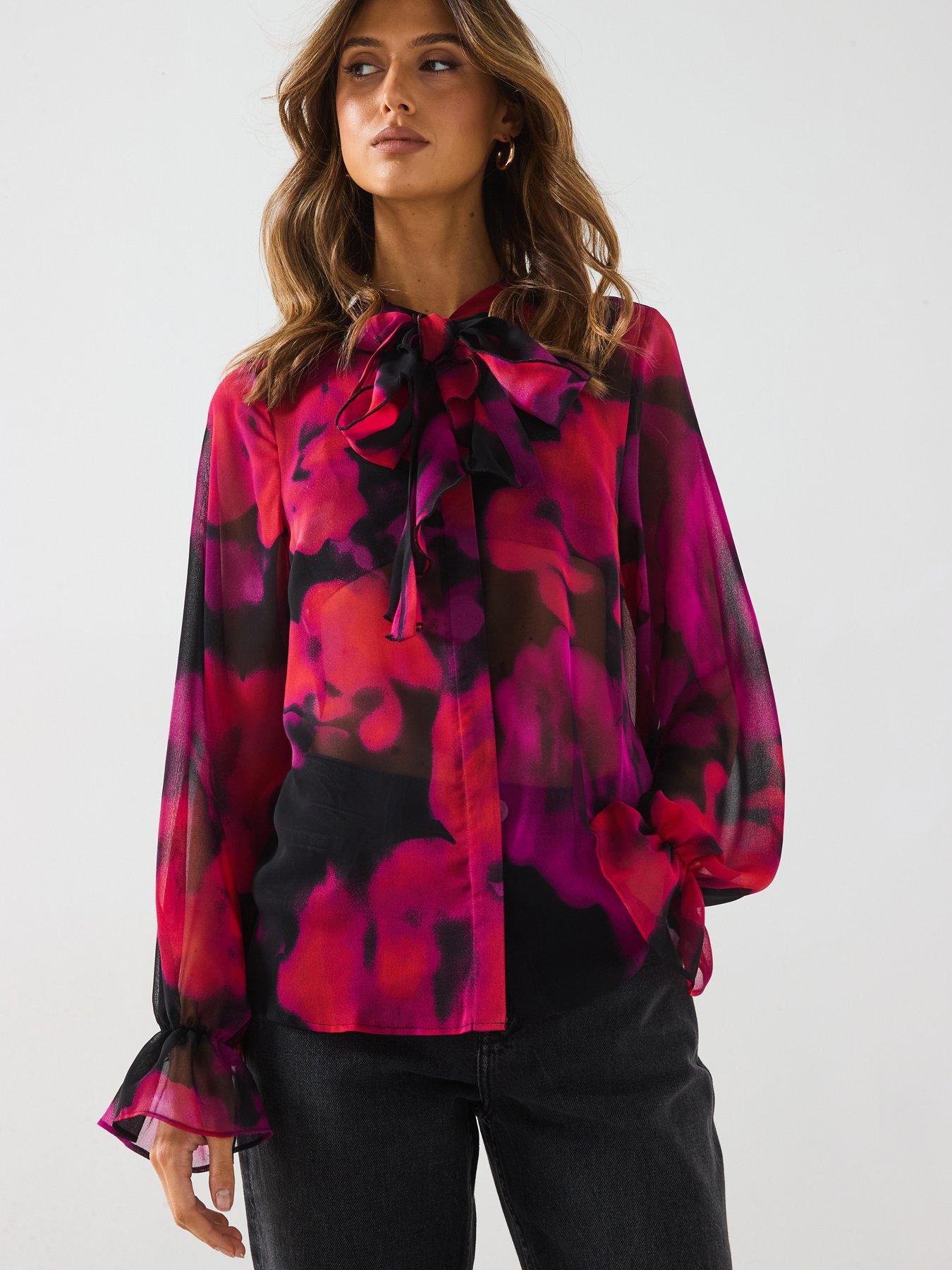 Image of V by Very Floral Printed Ruffle Sheer Blouse - Multi
