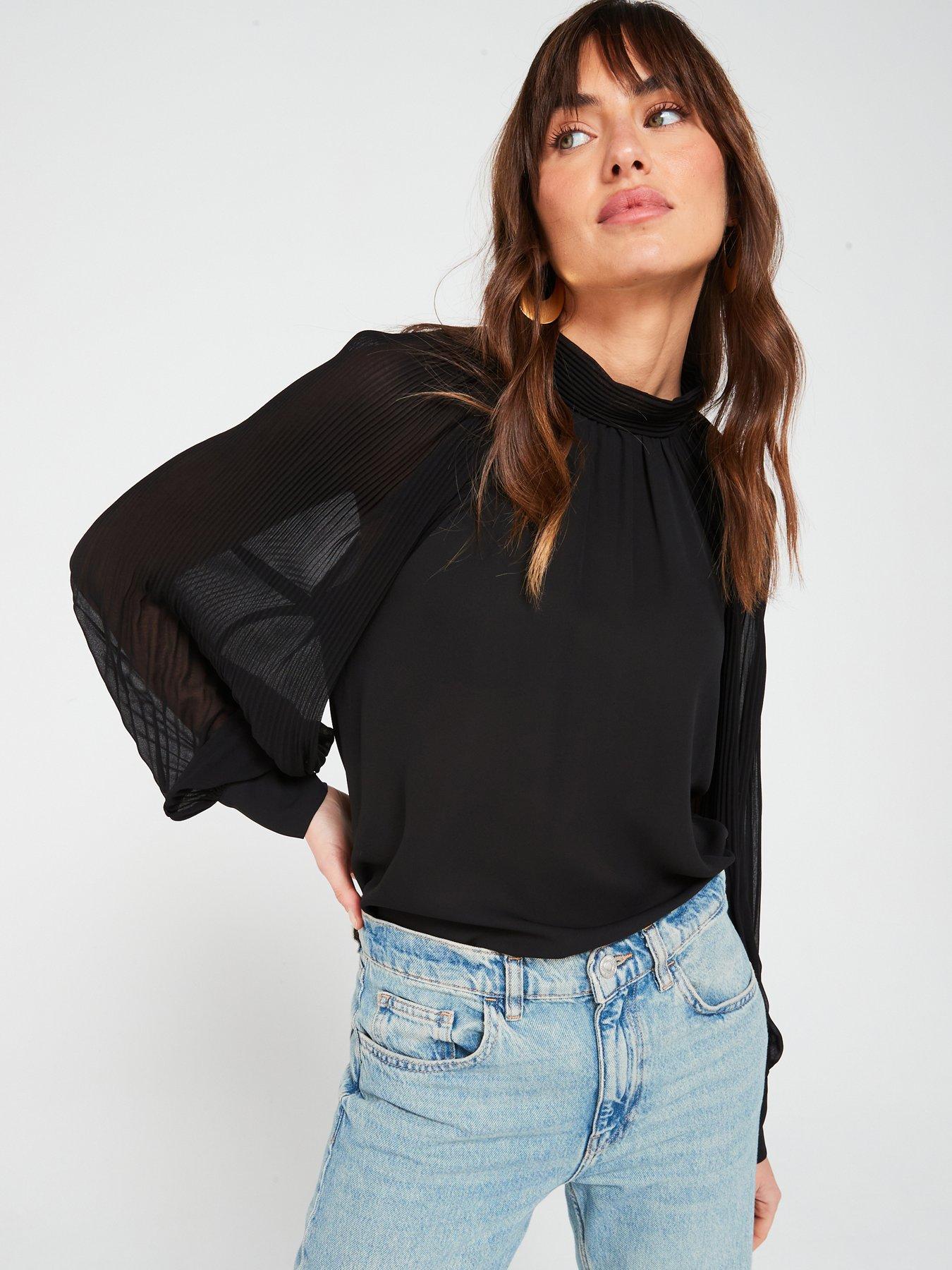 v-by-very-plisse-volume-sleeve-blouse-black