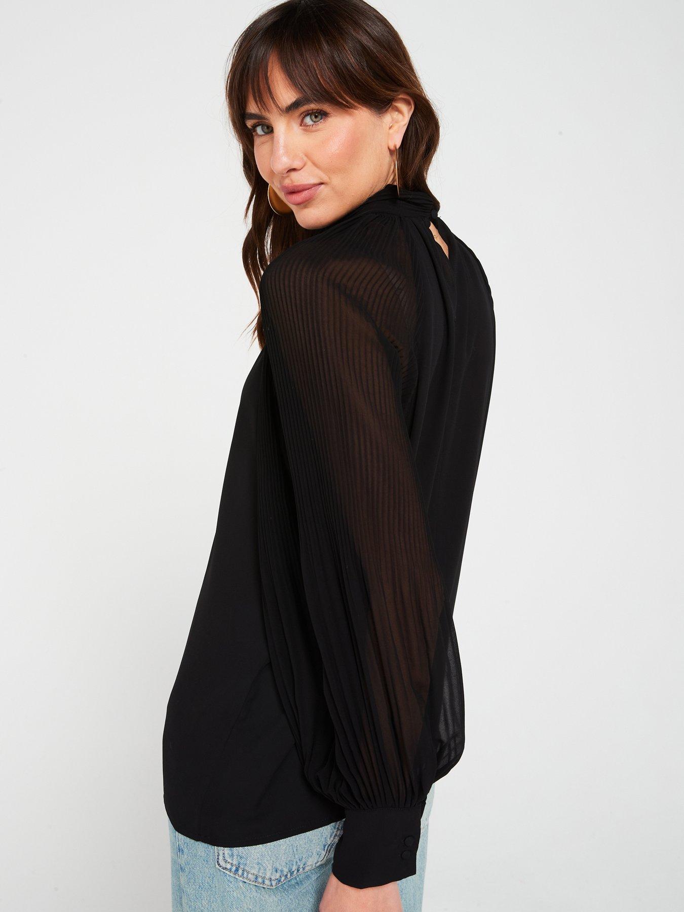 v-by-very-plisse-volume-sleeve-blouse-blackstillFront