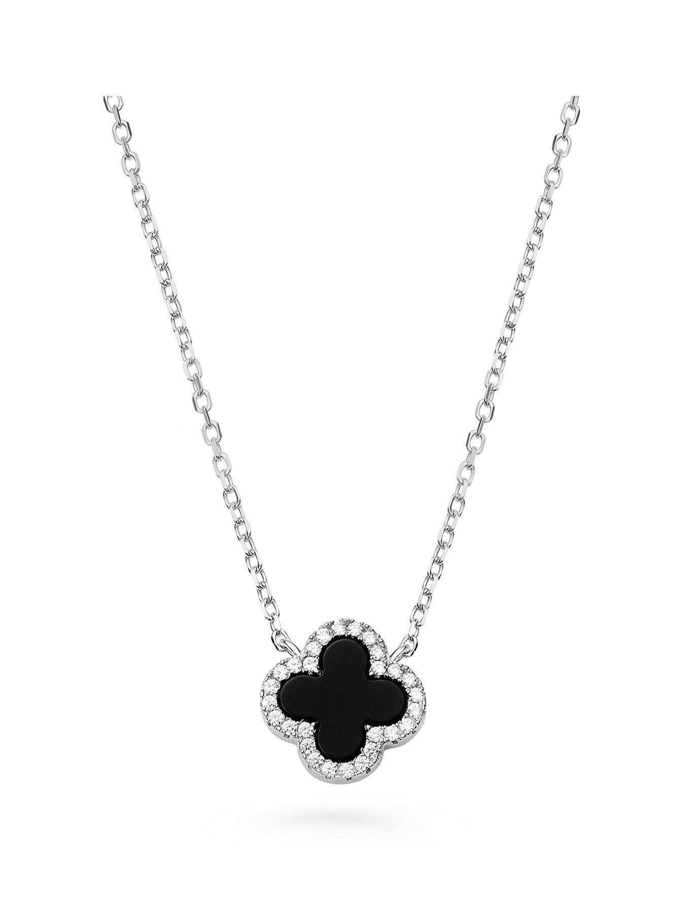 Beaverbrooks Silver Cubic Zirconia Onyx Clover Necklace