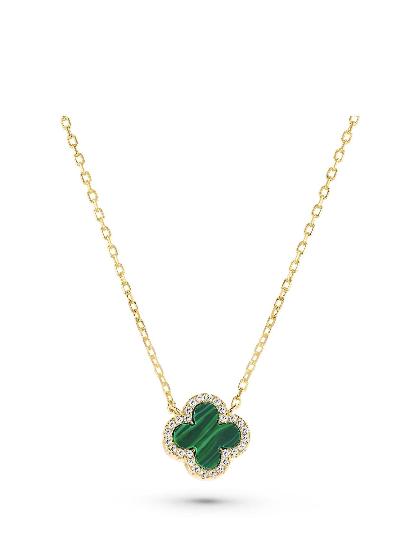 Beaverbrooks Yellow Gold Plated Cubic Zirconia Malachite Clover Necklace