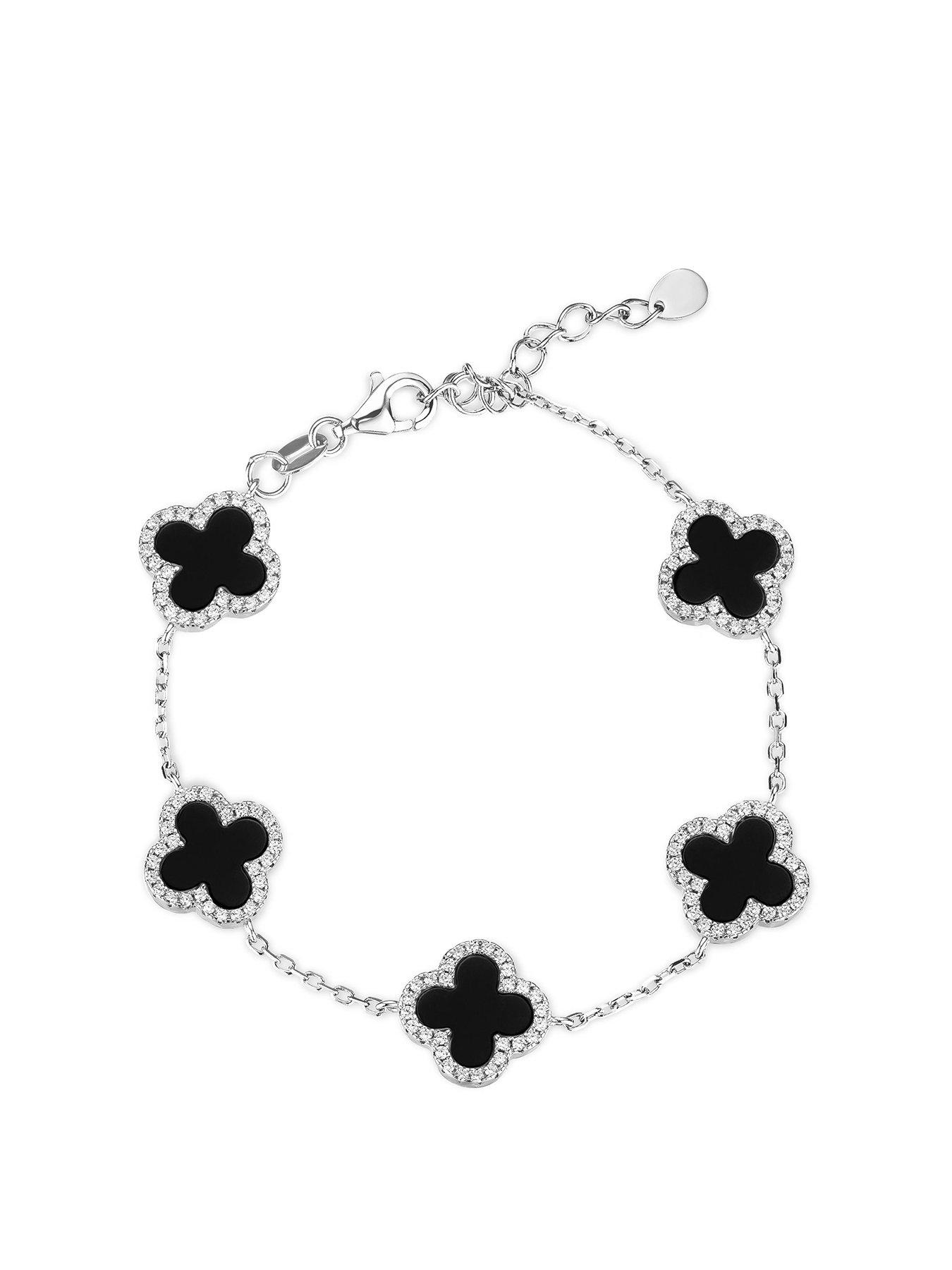 Beaverbrooks Silver Cubic Zirconia Onyx Clover Bracelet
