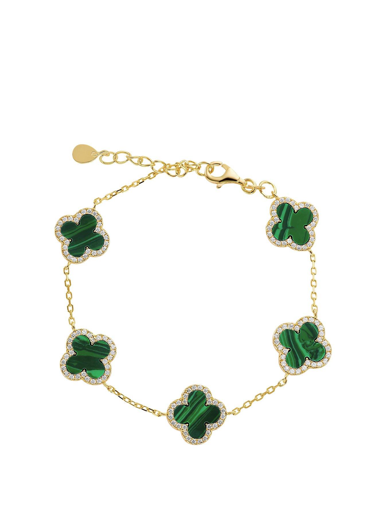 Beaverbrooks Yellow Gold Plated Cubic Zirconia Malachite Clover Bracelet