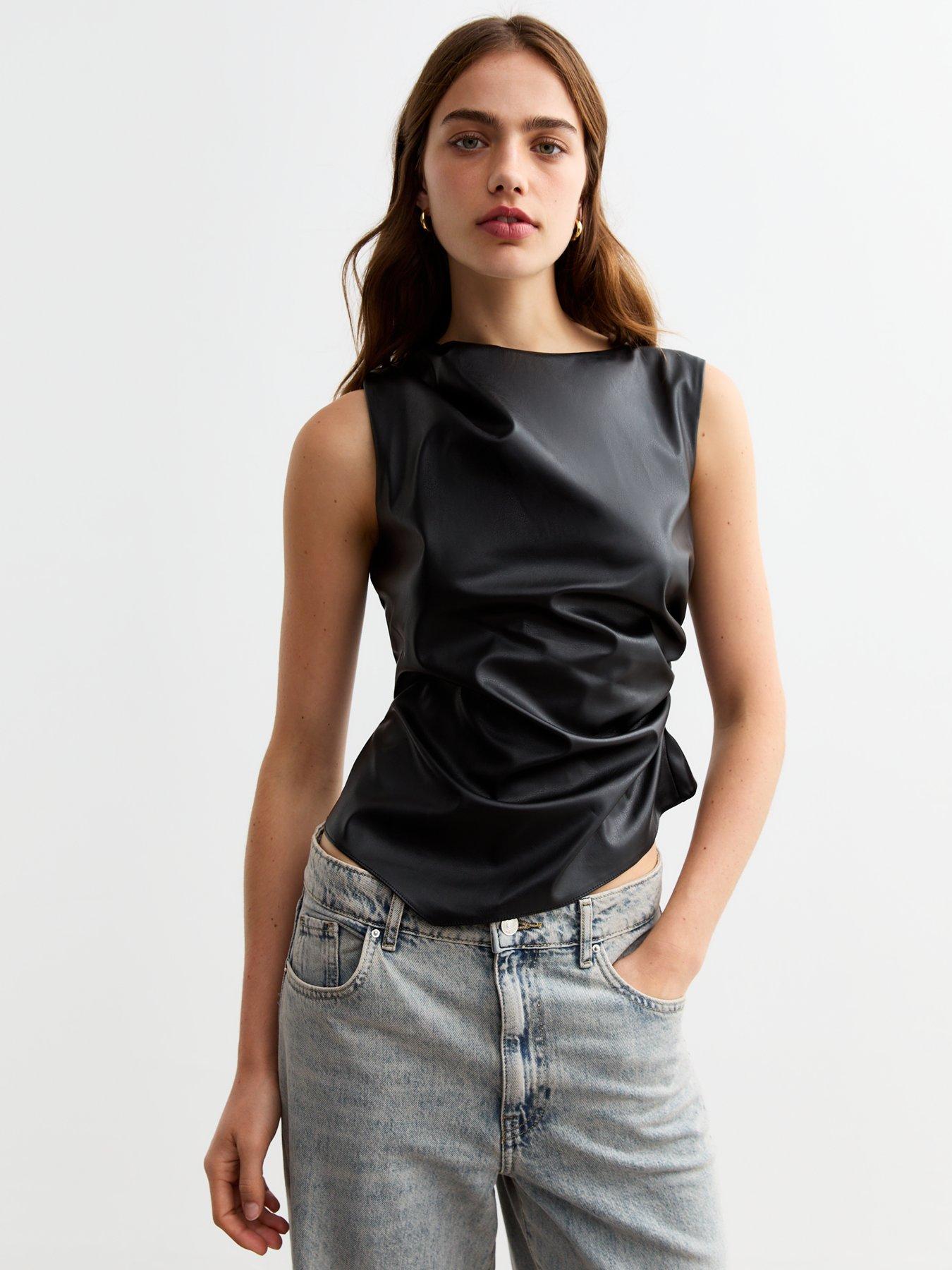 new-look-black-ruched-leather-look-sleeveless-top