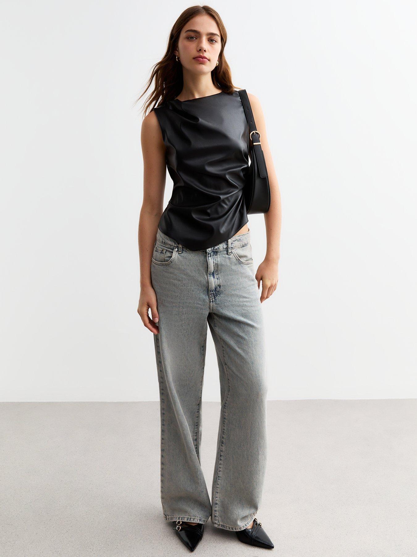 new-look-black-ruched-leather-look-sleeveless-topback