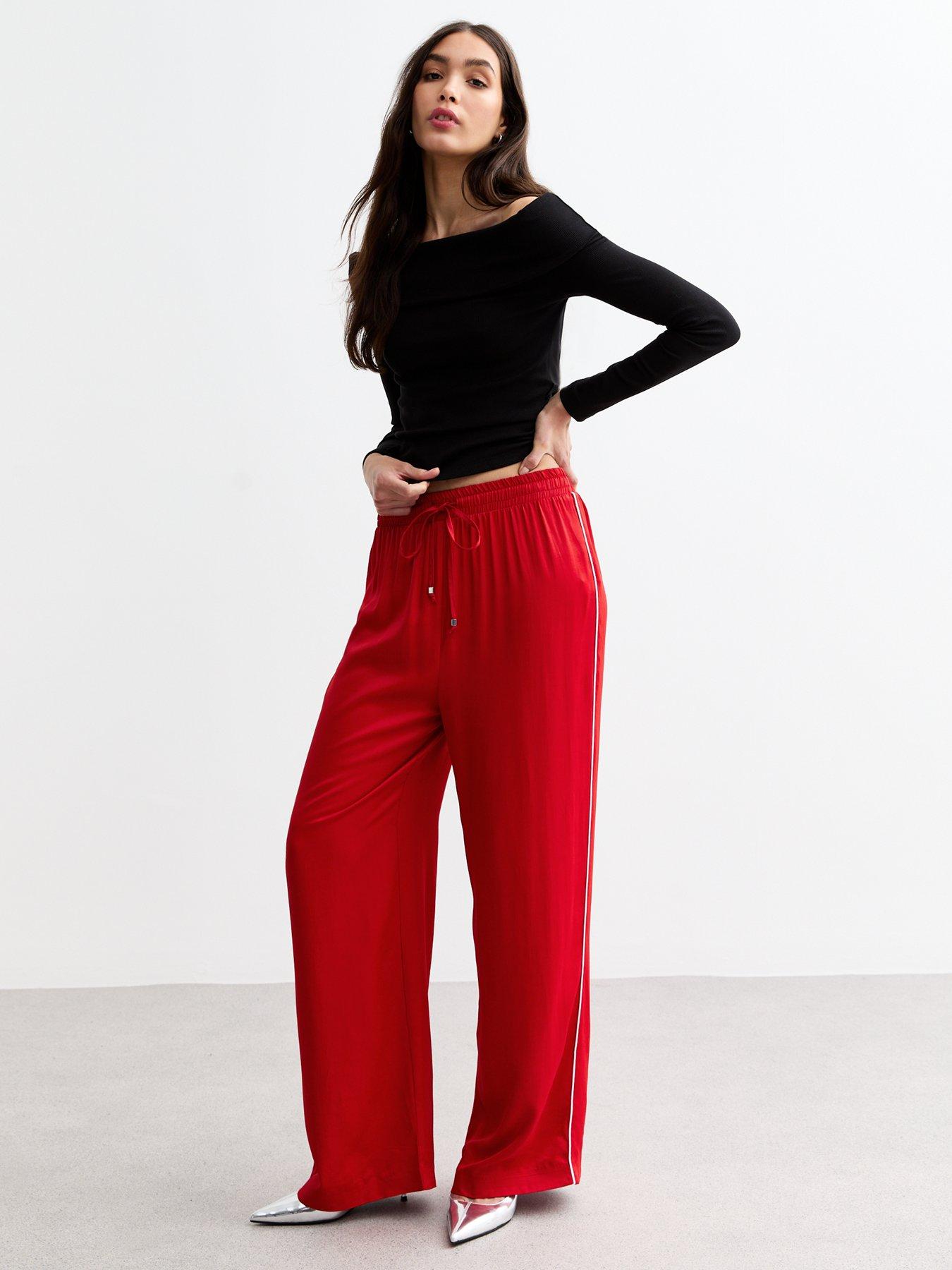 New Look Side Stripe Satin Wide Leg Trousers - Red