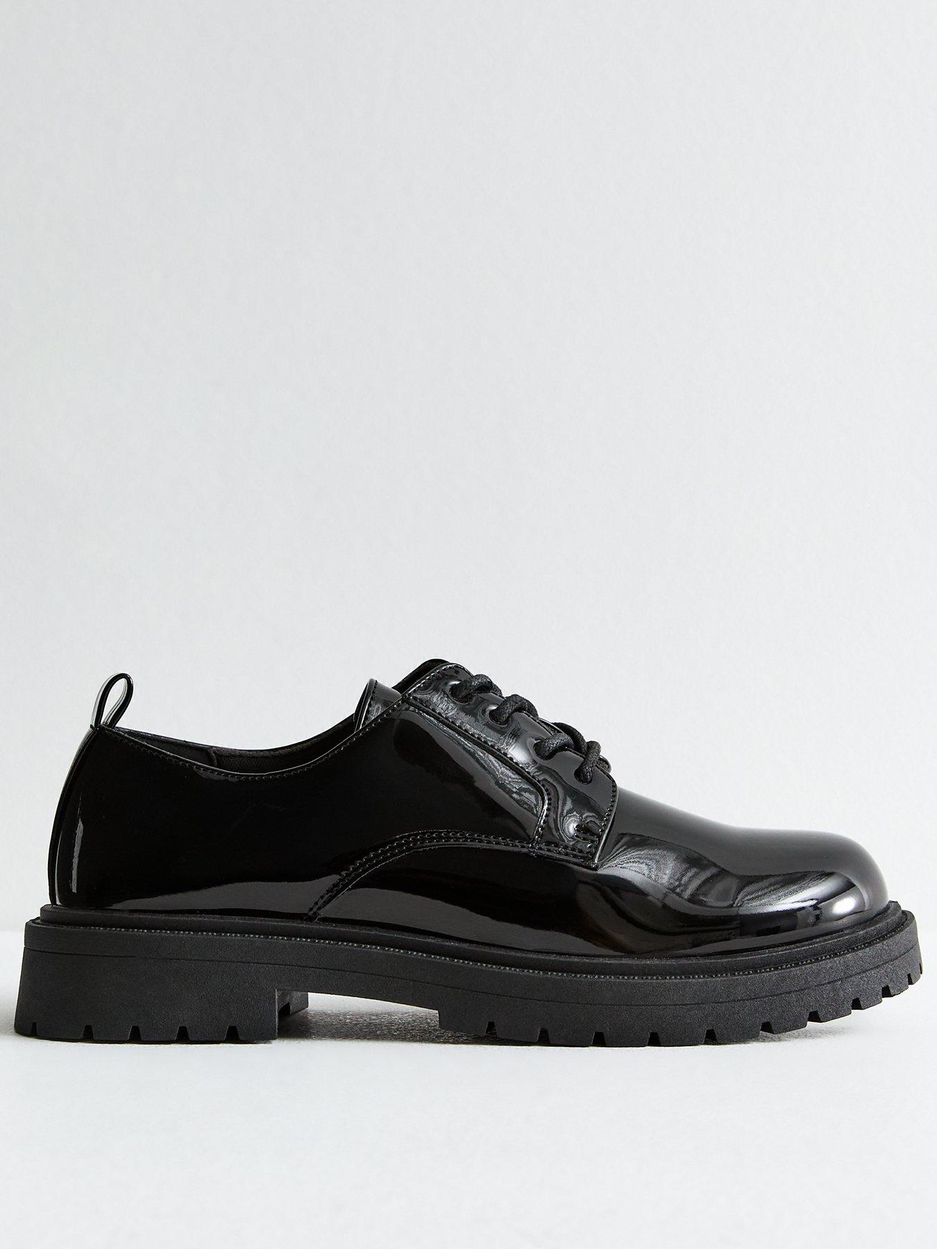 Patent Leather Look Chunky Lace Up Shoes Black