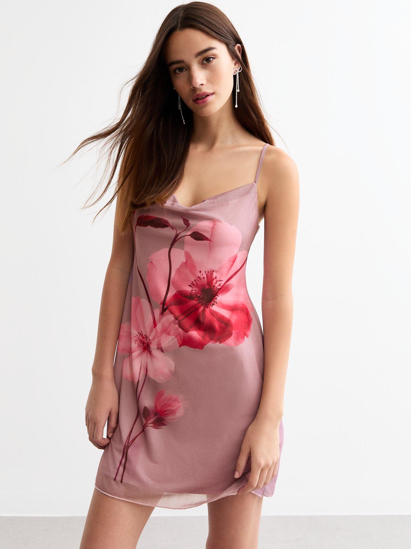 New Look Rose Print Mesh Strappy Mini Dress - Pink