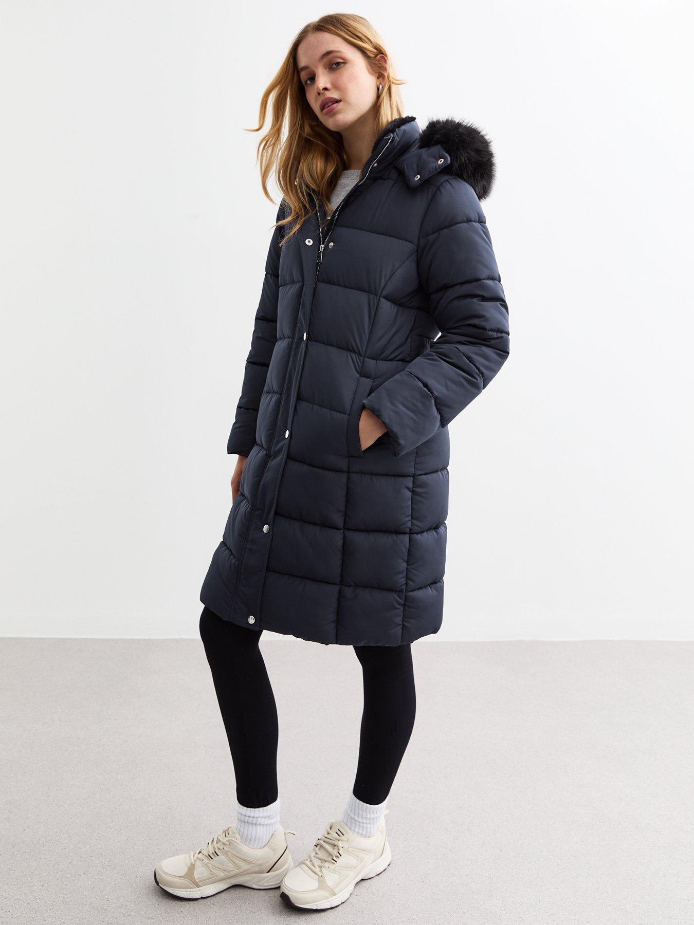 3530201 Navy Faux Fur Hooded Coat