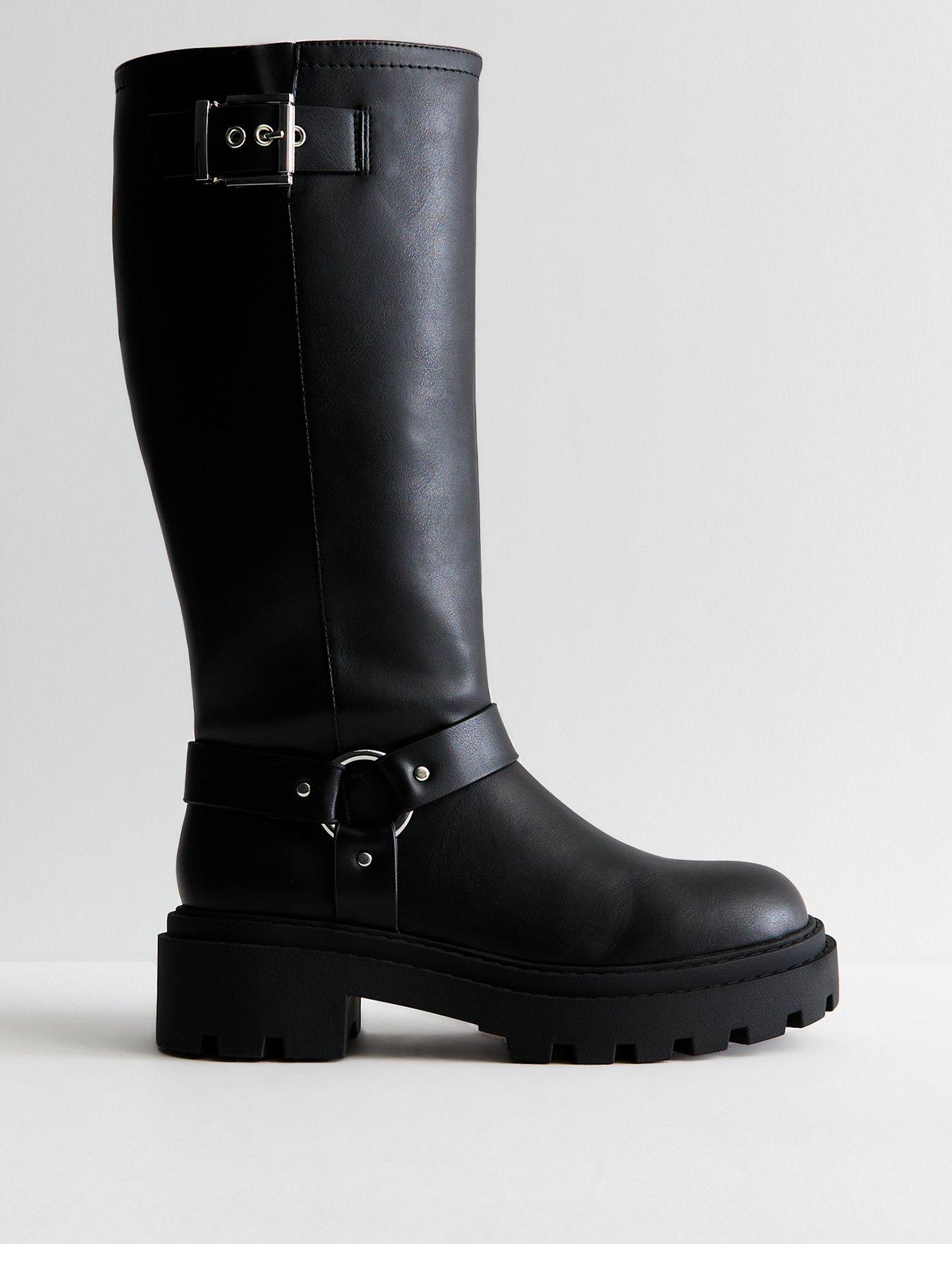 New Look Extra Wide Calf Fit Leather Look Buckled Knee High Biker Boots Black Very Ireland