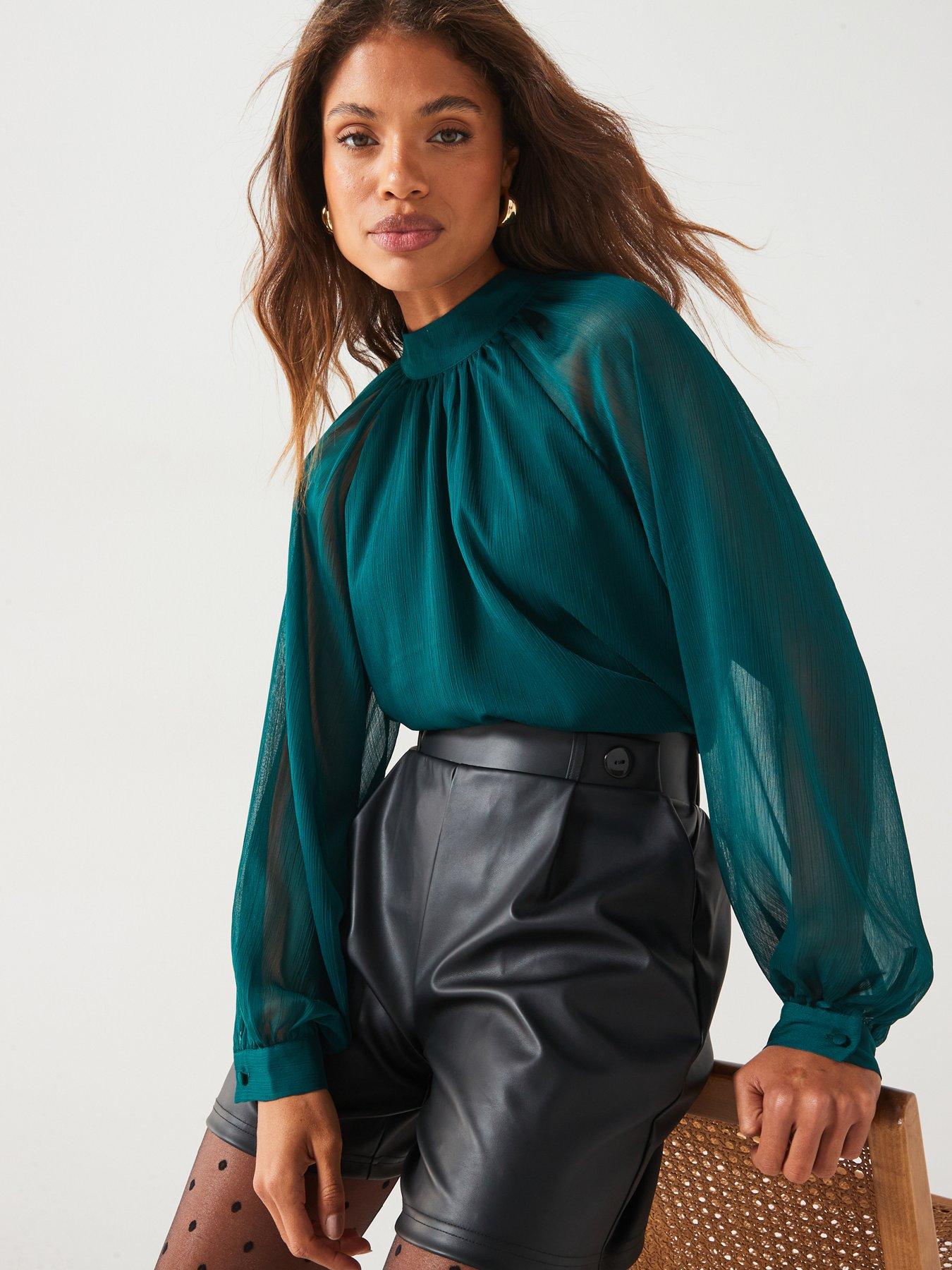 v-by-very-sheer-volume-sleeve-blouse-green