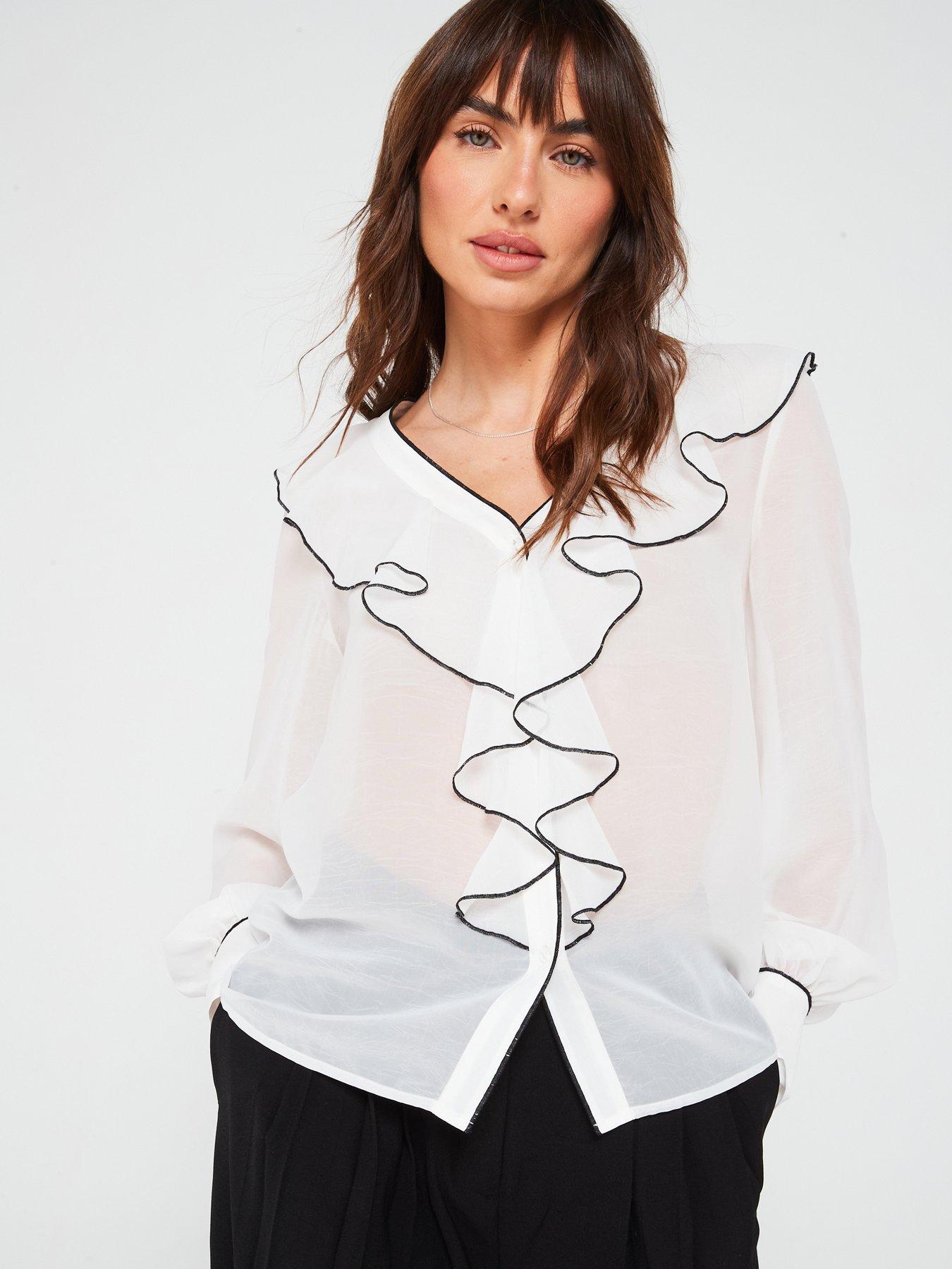 V by Very Contrast Ruffle Blouse - Ivory