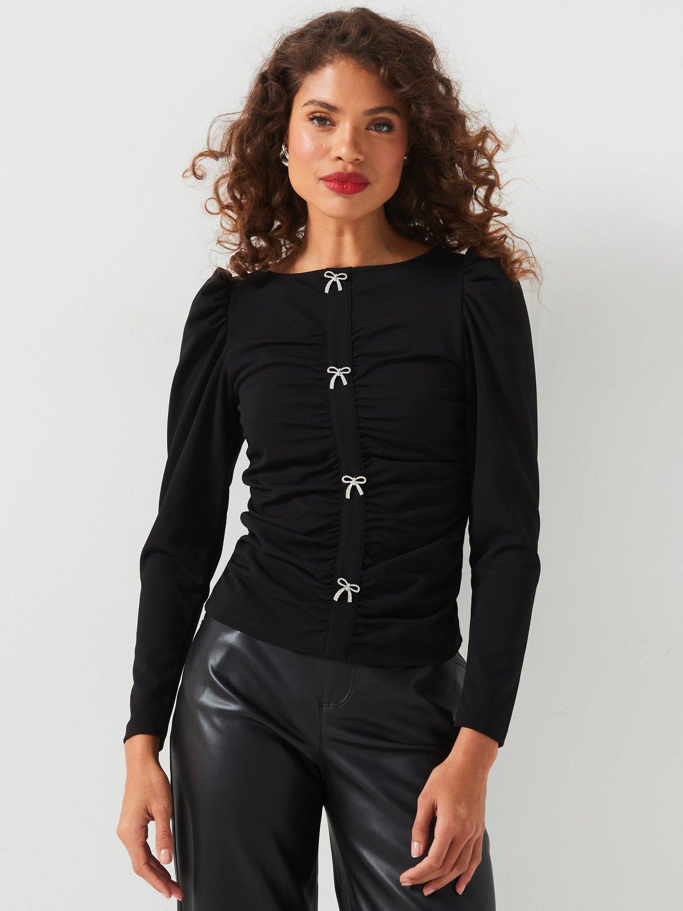 v-by-very-bow-front-long-sleeve-top-black